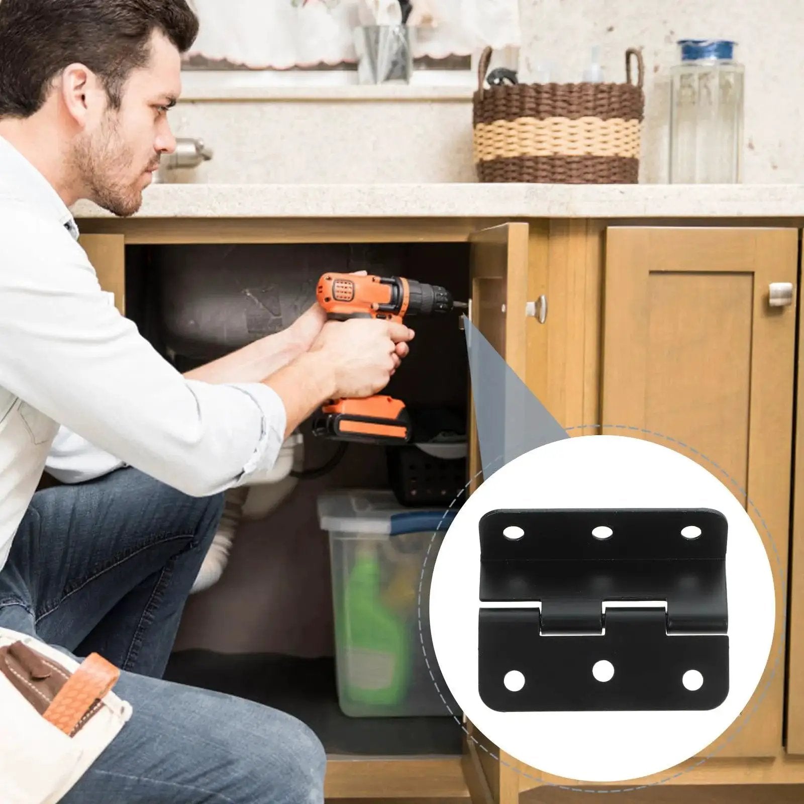 Man installing heavy duty iron cabinet hinge under sink; focus on rust resistant box hinge for home furniture replacement.