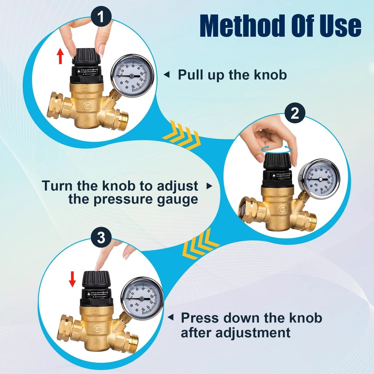 Instructions for using the Leadless Brass RV Water Pressure Regulator With Strainer And Pressure Gauge For Camper RV Systems Adjustable Top Handle For Quick Easy Pressure Control No Tools Needed On The Fly By Gickbusus.
