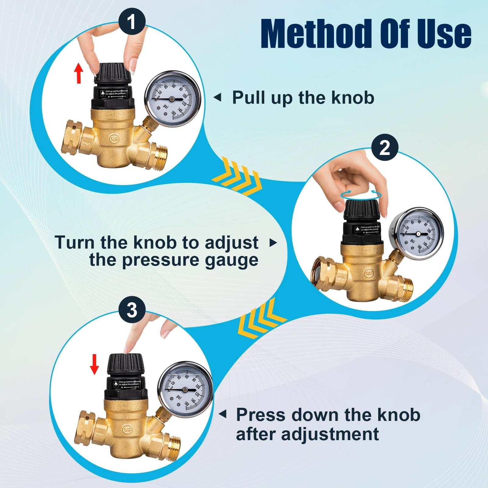 Instructions for using the Leadless Brass RV Water Pressure Regulator With Strainer And Pressure Gauge For Camper RV Systems Adjustable Top Handle For Quick Easy Pressure Control No Tools Needed On The Fly By Gickbusus.
