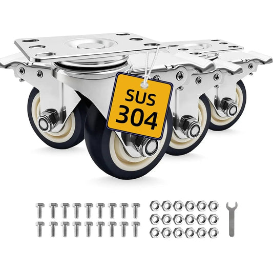4 Inch Caster Wheels Set Of 4 Rust Proof 304 Stainless Steel Heavy Duty Casters For Furniture Labs Hospitals Restaurants Industrial Outdoor Anti Corrosion Industrial Castors With 360 Degree Swivel And 2100 Lbs Load Capacity, shown with bolts and nuts.