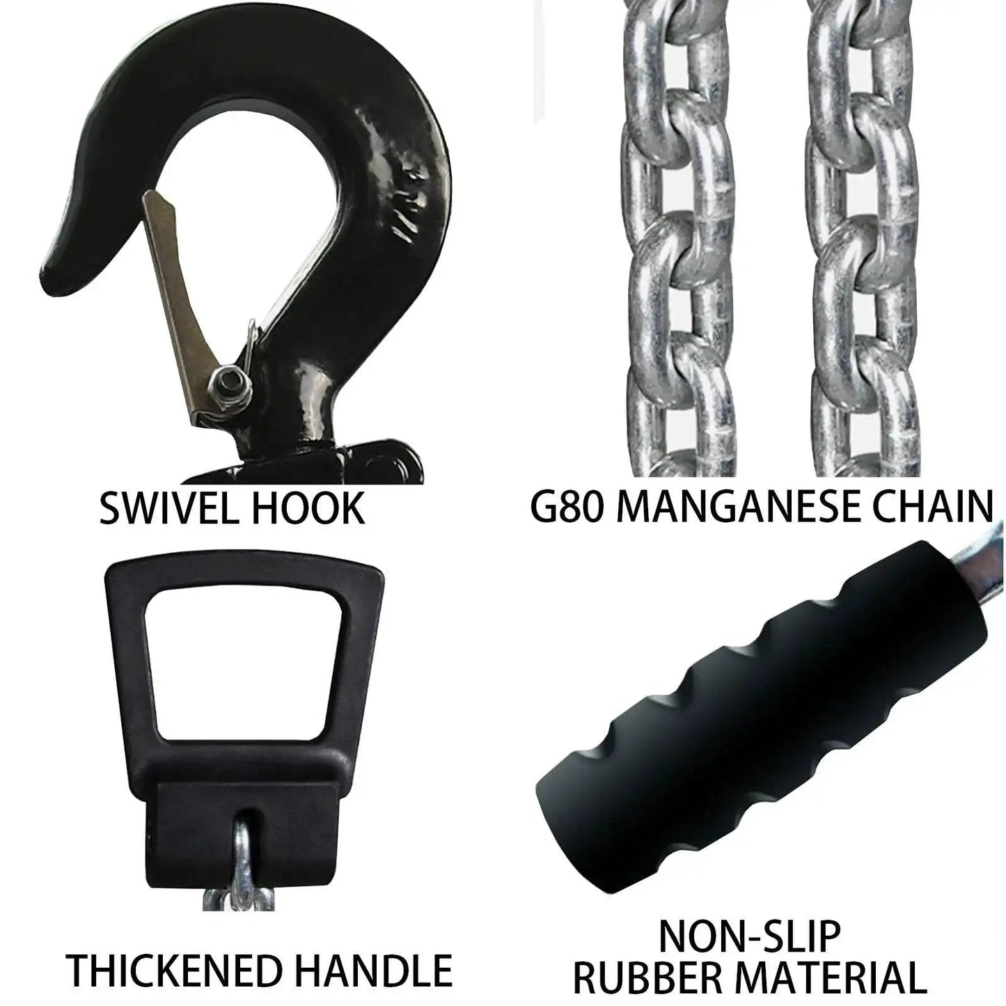 Close-up of Manual Lever Chain Hoist One Quarter Ton 20 Ft Come Along With G80 Chain, featuring swivel hook and G80 manganese chain.