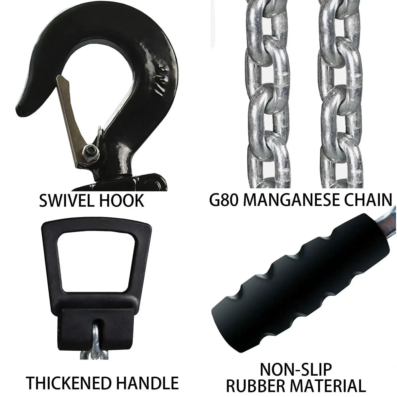 Close-up of Manual Lever Chain Hoist One Quarter Ton 20 Ft Come Along With G80 Chain, featuring swivel hook and G80 manganese chain.