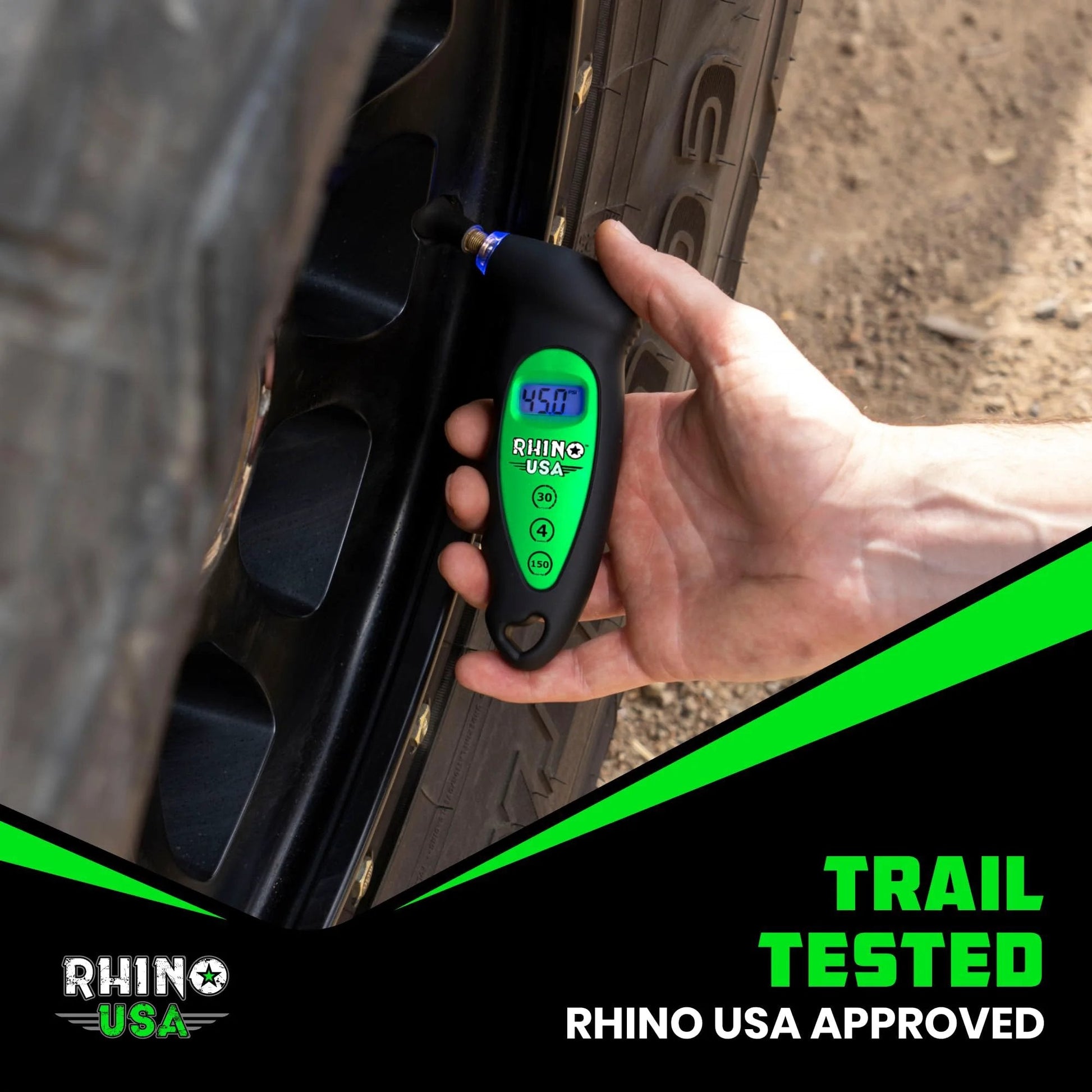 Digital Tire Pressure Gauge 150 PSI With Lighted Nozzle And Backlit LCD Display in use on car tire, ergonomic grip visible