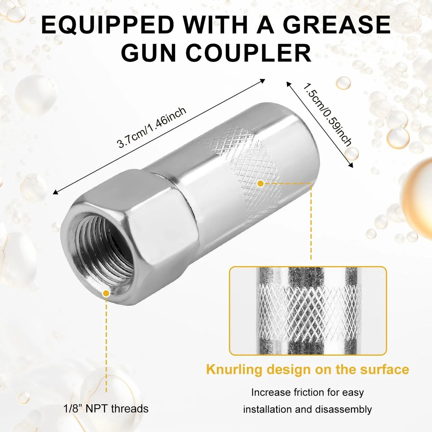 Grease Gun Accessory Kit with 18 Inch Spring Flex Hose and Locking Coupler, 8000 PSI Capacity, knurled NPT threads for grip
