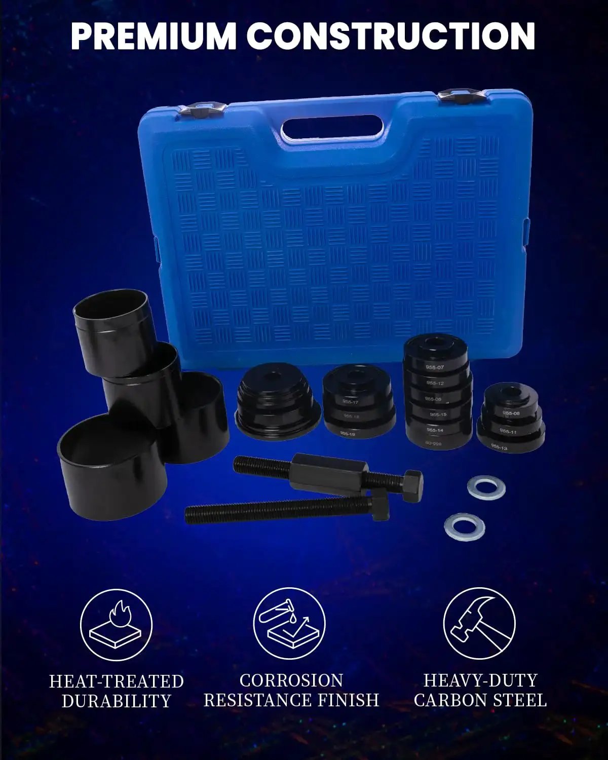 24 Piece Wheel Bearing Press Kit for Easy Front Wheel Bearing Removal and Installation includes sleeves, bushings, and carrying case.