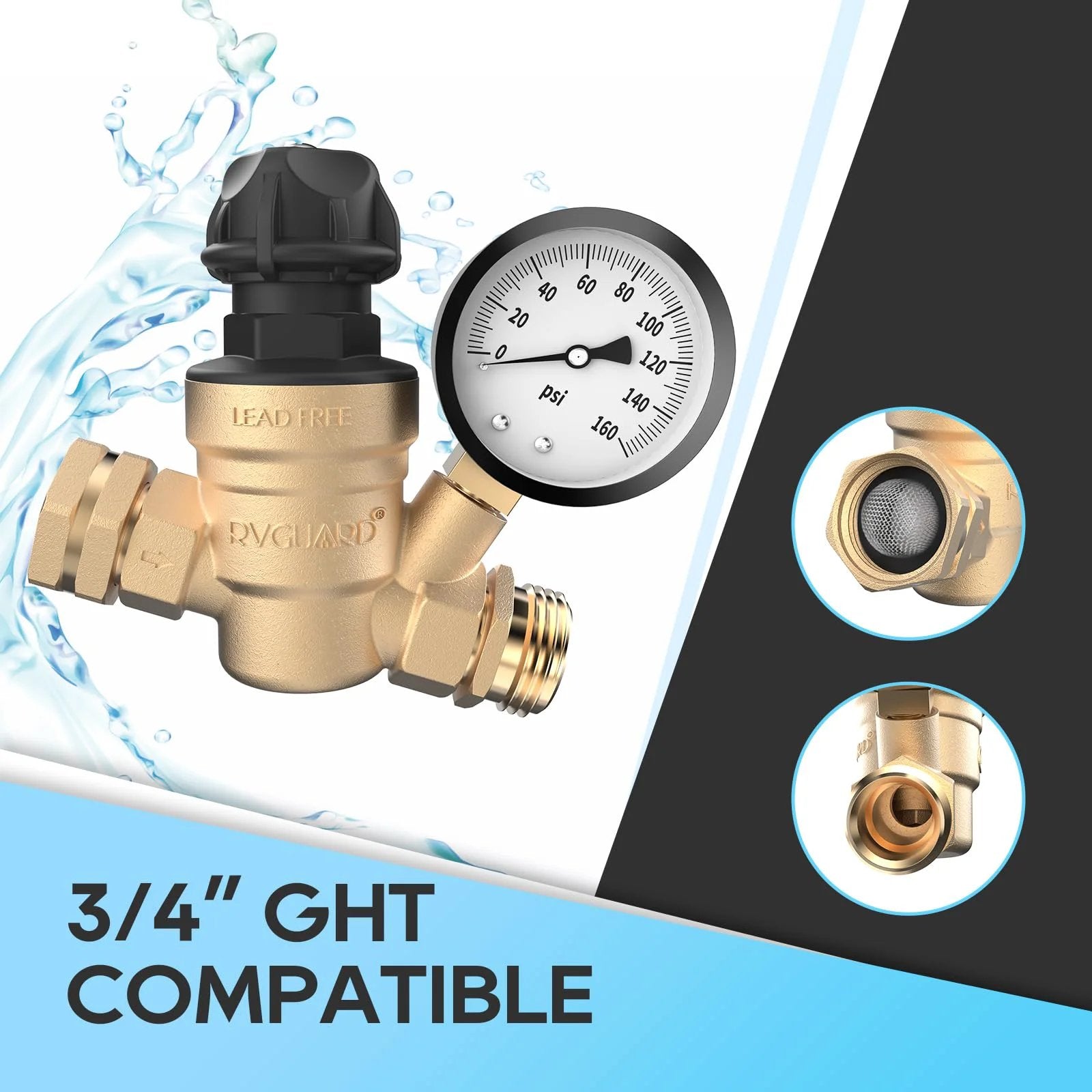 Adjustable Knob RV Water Pressure Regulator Valve By RVGUARD Tool Free Lead Free Brass Reducer With Gauge And Inlet Screen Filter