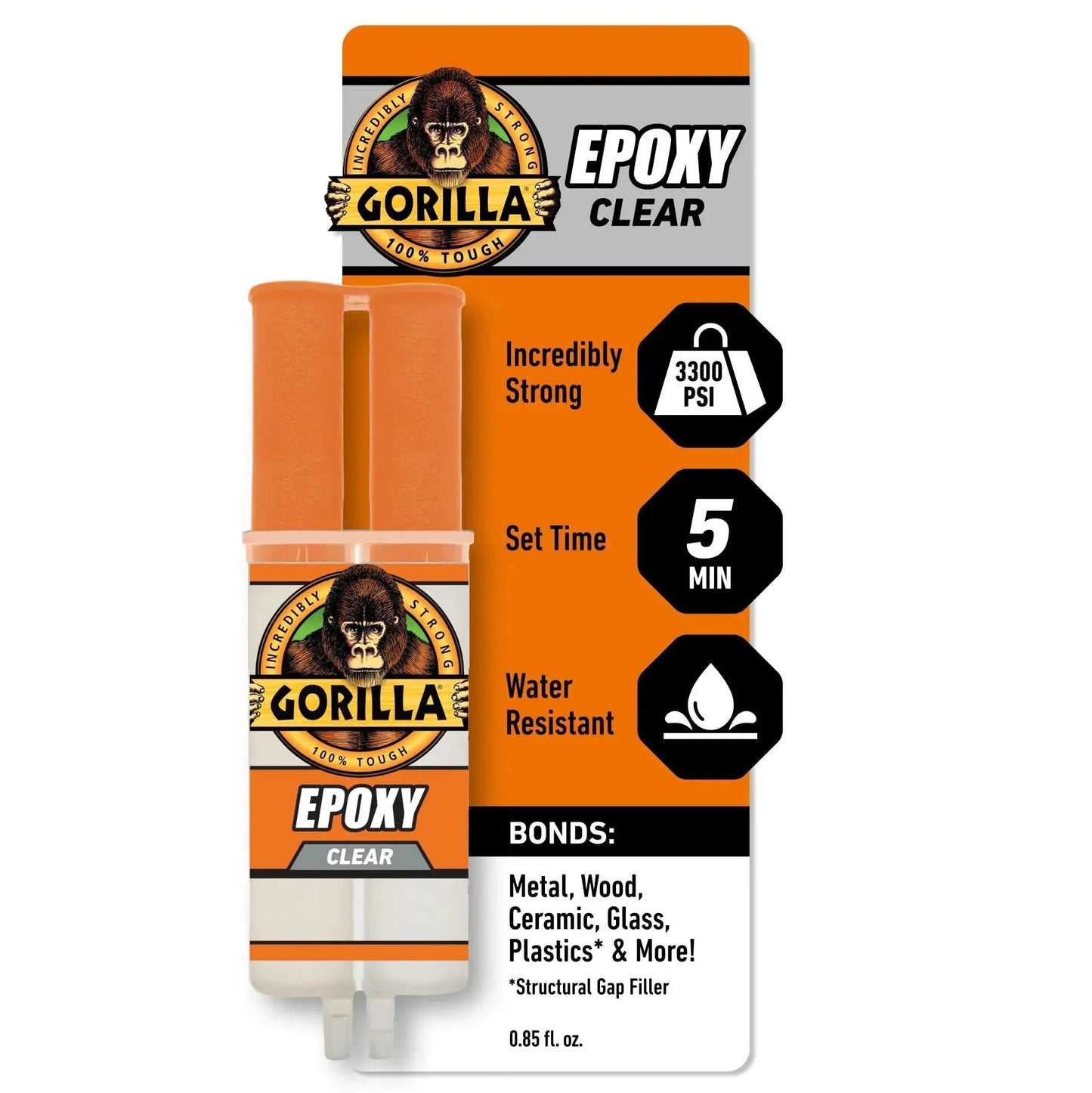 Clear 2 Part Epoxy Syringe, 0.85 Oz, 5 Minute Fast Set, Strong Bond in packaging