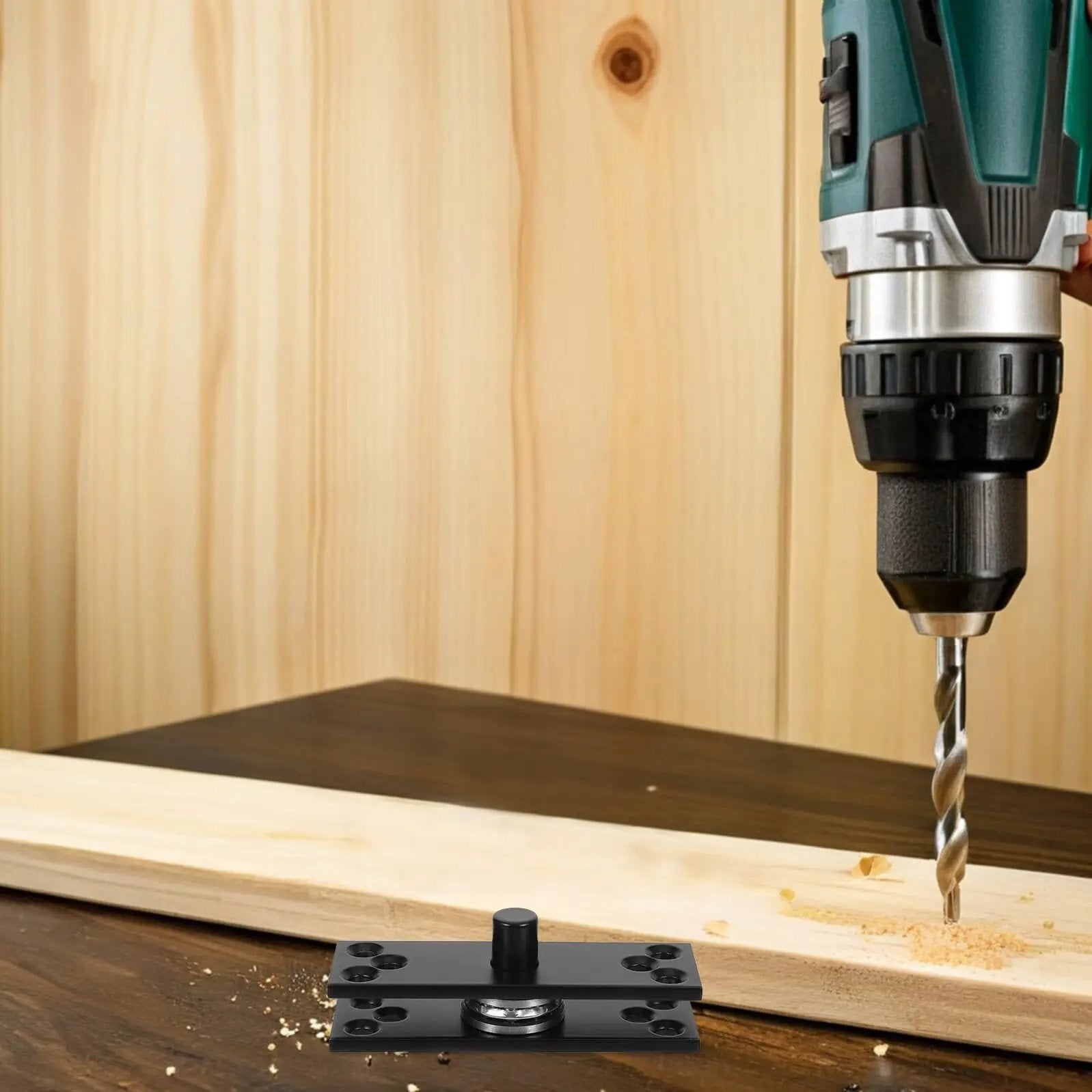 Heavy Duty Hidden Door Hinge With 360 Degree Rotation For Wood Doors And Secret Bookcases With Smooth Bearing Stainless Steel Invisible Swivel Pivot Durable Construction And Easy Install LIFKICH next to a drill on wood panel