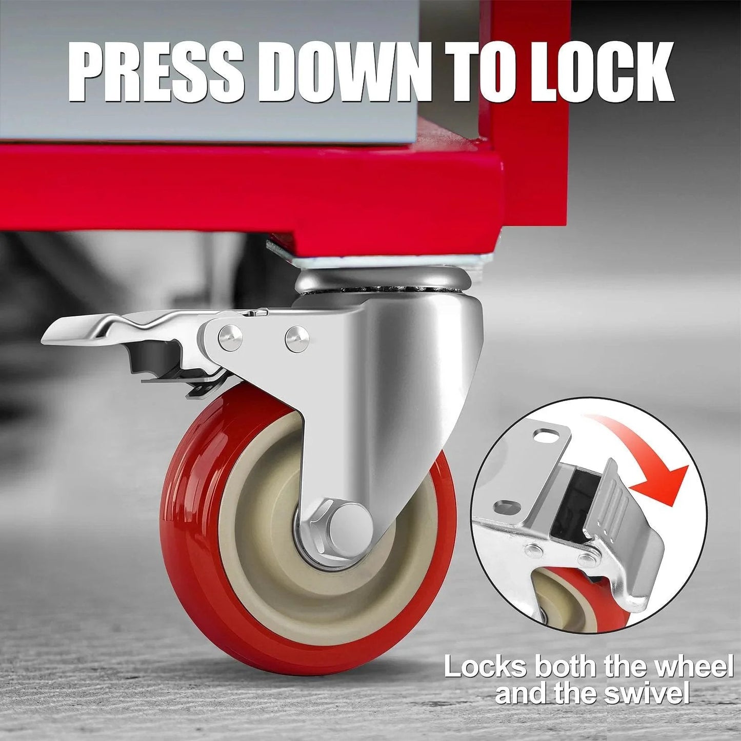 4 Inch Heavy Duty Swivel Caster Wheels With Brakes Set Of 4 showing brake locking mechanism close-up