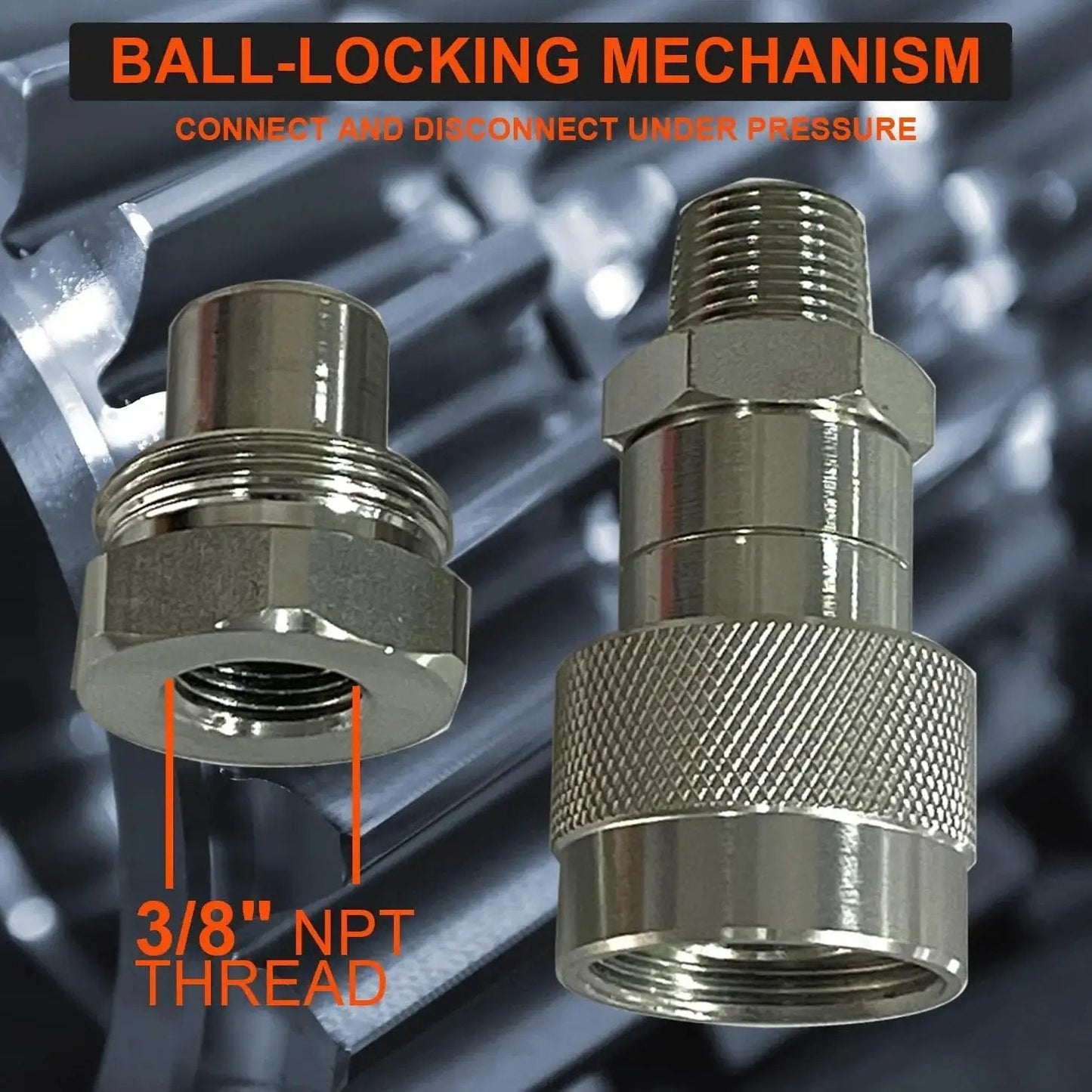 Three Eighths Inch NPT Hydraulic Quick Connect Disconnect Coupler 10,000 PSI High Pressure Replaces Enerpac C-604 With Dust Caps