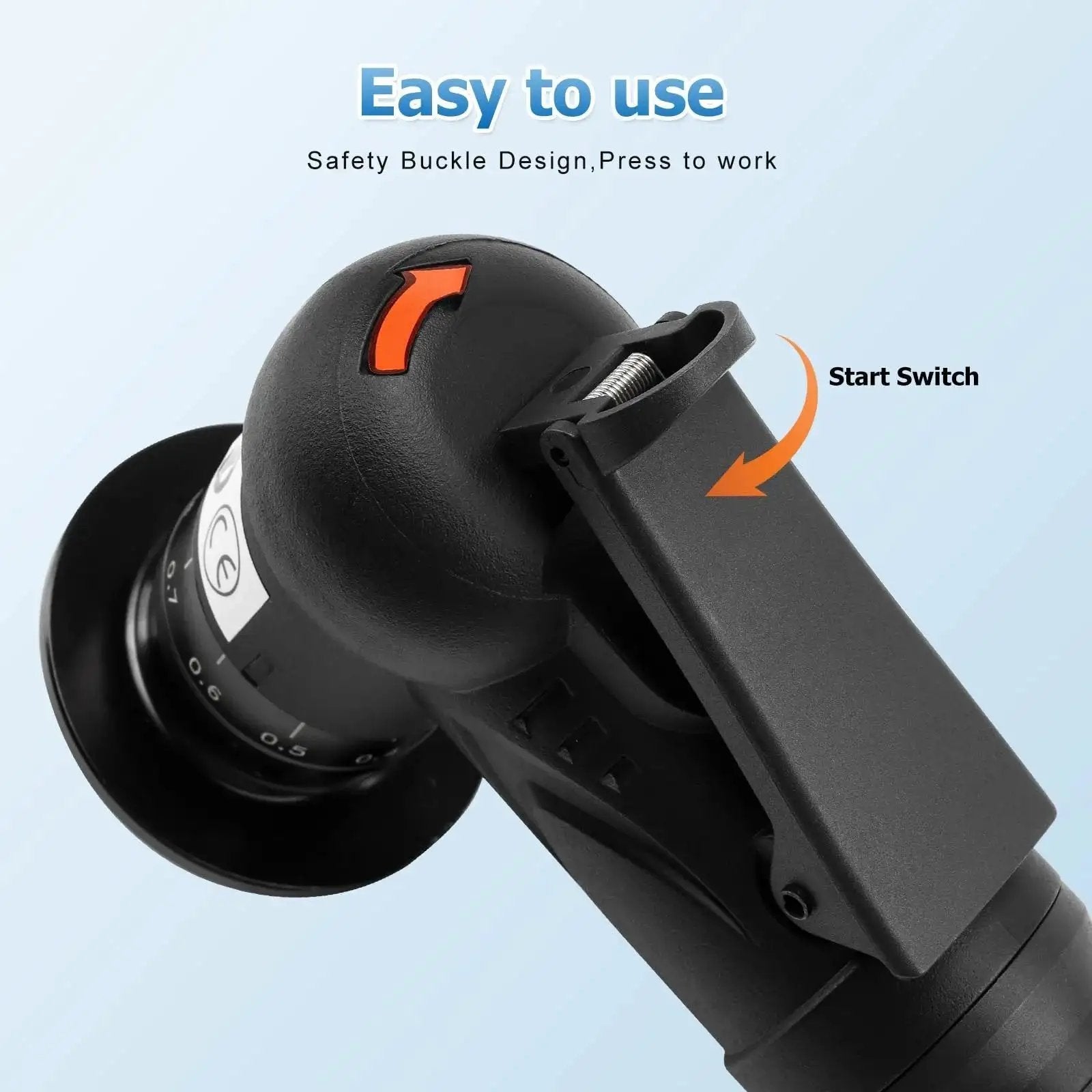 Side view of Mini Pneumatic Chamfering Tool Handheld 45 Degree Beveler For Metal And Wood Tile Edge Chamfering and Deburring Tool showing the start switch.