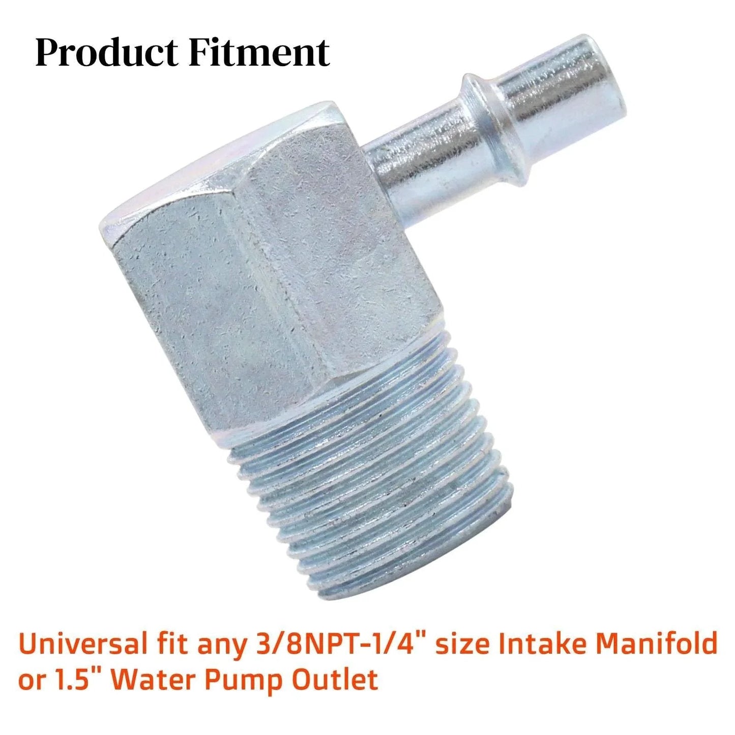 Universal 90 Degree Vacuum Fitting for Intake Manifold Three Eighths NPT to Quarter Inch Nipple Fits Chevy Small Block Big Block Ford Buick With Seal Tape Premium Stainless Steel Zinc Plated Durable High Heat For Muscle Cars, product viewed from side