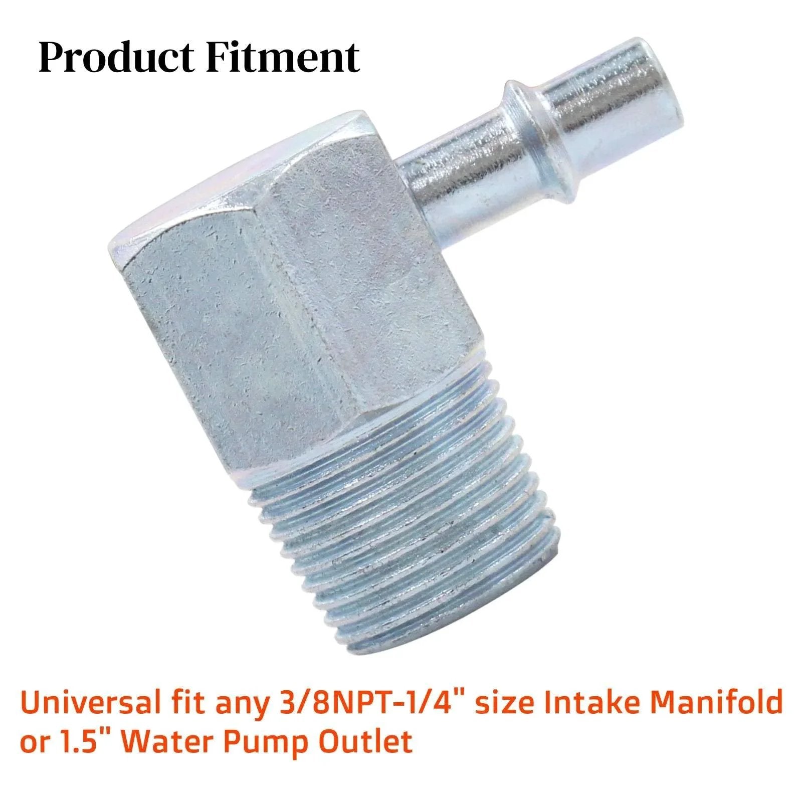 Universal 90 Degree Vacuum Fitting for Intake Manifold Three Eighths NPT to Quarter Inch Nipple Fits Chevy Small Block Big Block Ford Buick With Seal Tape Premium Stainless Steel Zinc Plated Durable High Heat For Muscle Cars, product viewed from side