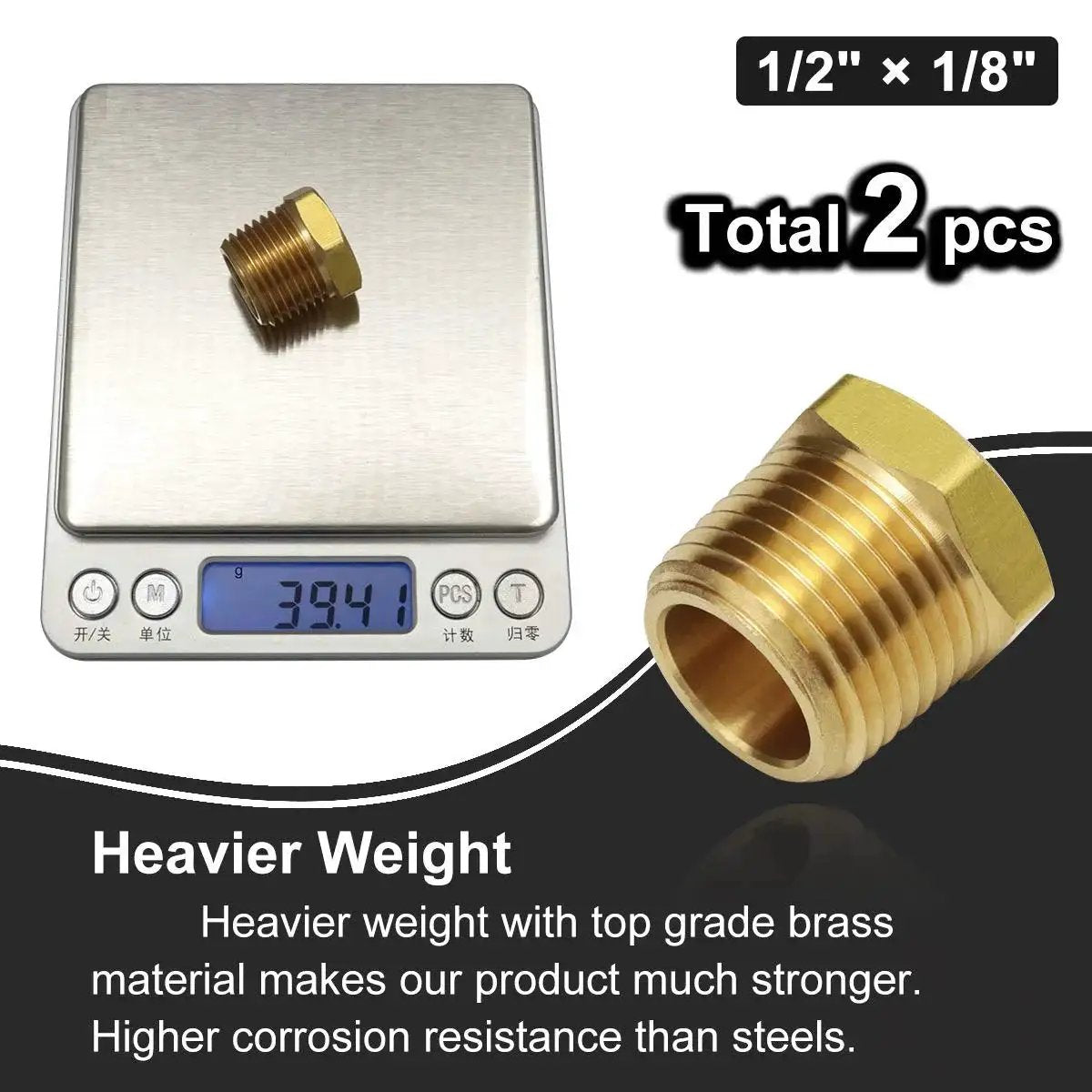 One Half Inch NPT Male To One Eighth Inch NPT Female Reducing Brass Pipe Fitting With Hex Head Bushing Adapter on scale