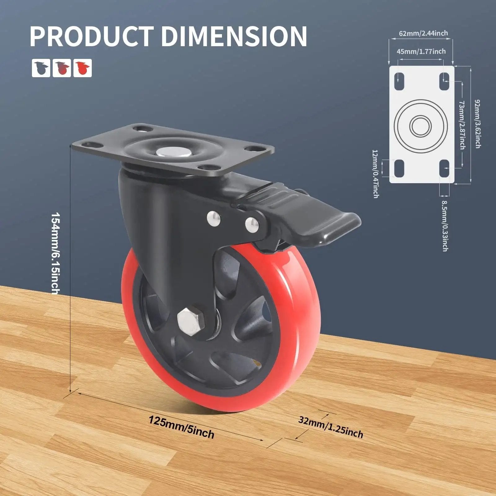 Heavy Duty Beefed Up 5 Inch Caster Wheels With Brake Set Of 4 Dual Locking Industrial Casters product dimension image