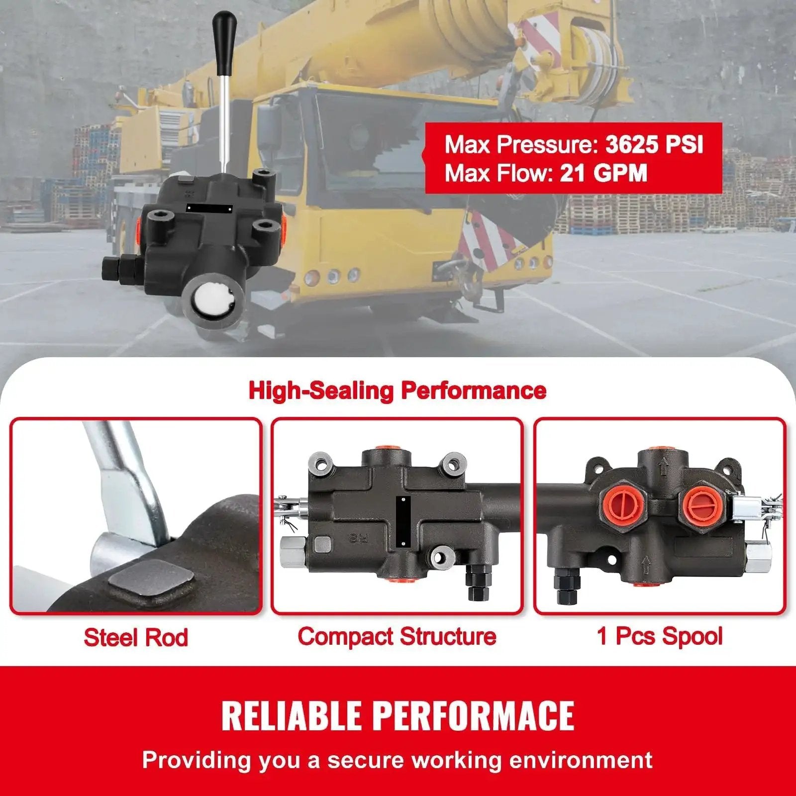 One Spool Hydraulic Directional Control Valve For Tractors And Loader Applications, 21 GPM At 3625 PSI shown in front of construction equipment.