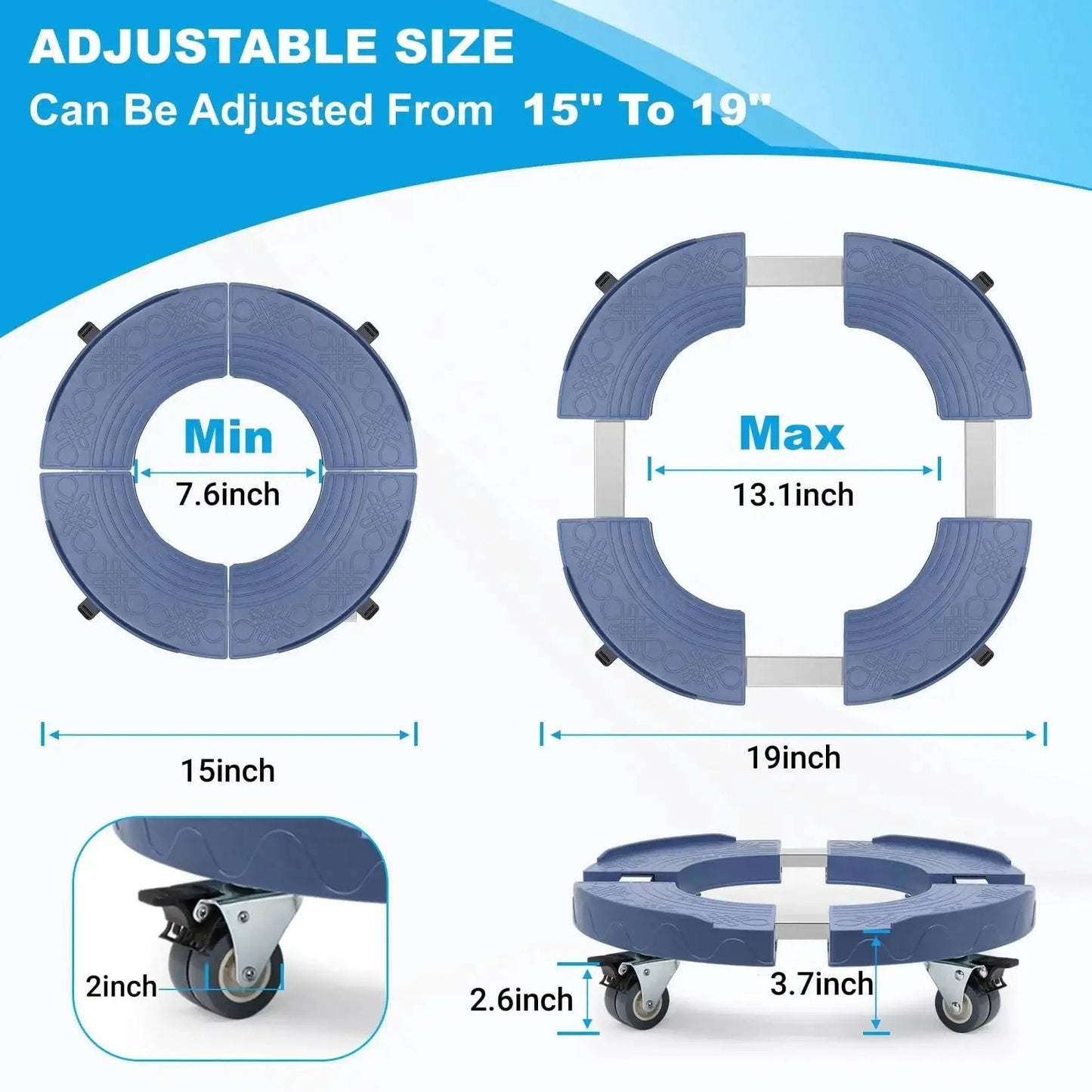 Adjustable Plant Caddy With Wheels For 15 To 19 Inch Round Bases Heavy Duty 440 Lbs Drum Cart With Locking Rollers dimensions