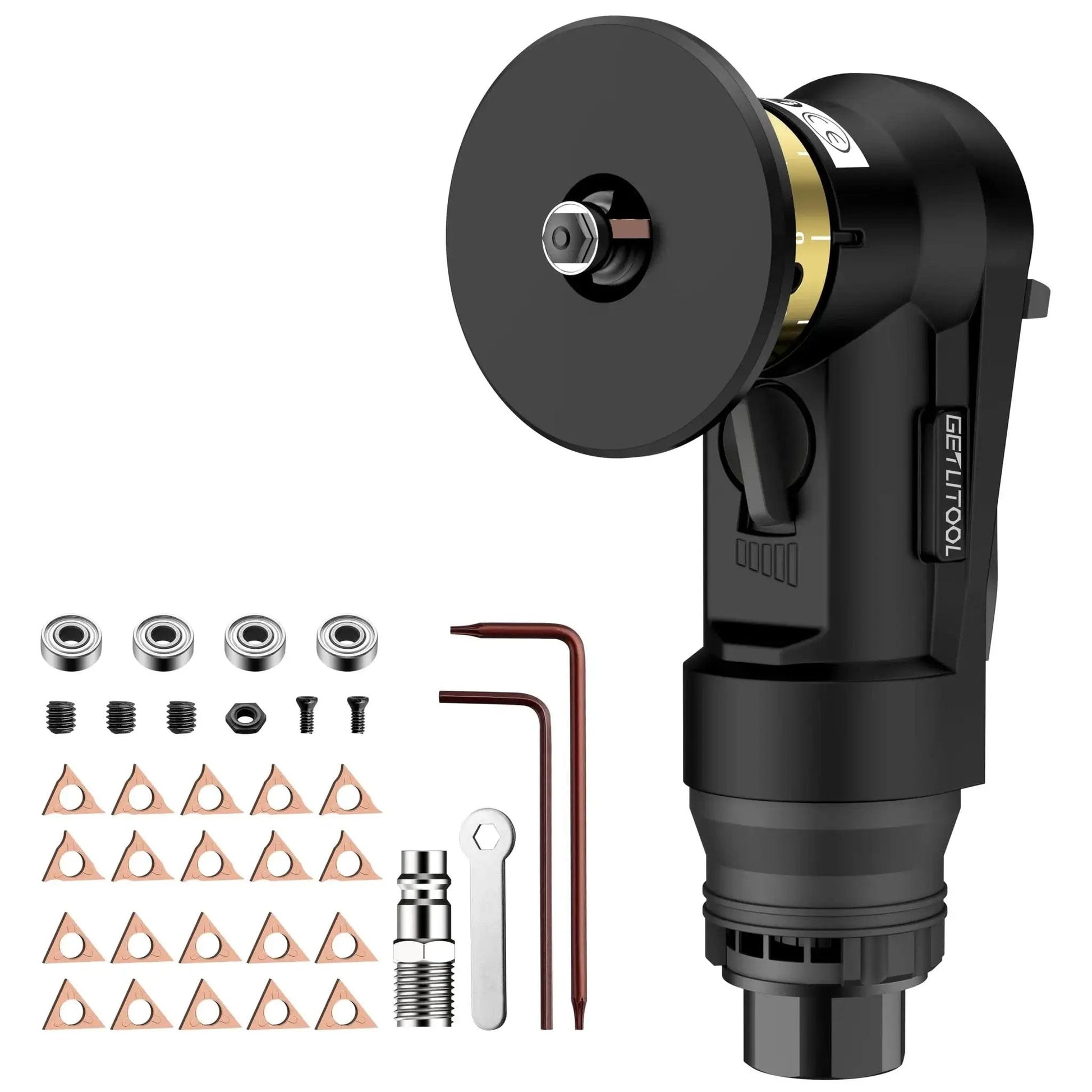 Pneumatic Chamfering Tool Kit Pro Grade With 12 C Angle And 10 R Angle Tungsten Blades For Precise 0.1 To 1.5 Mm Chamfers 45 Degree Deburring Tool At 30000 RPM Four Speed Control For Metal Wood PVC And Pipe with included accessories.
