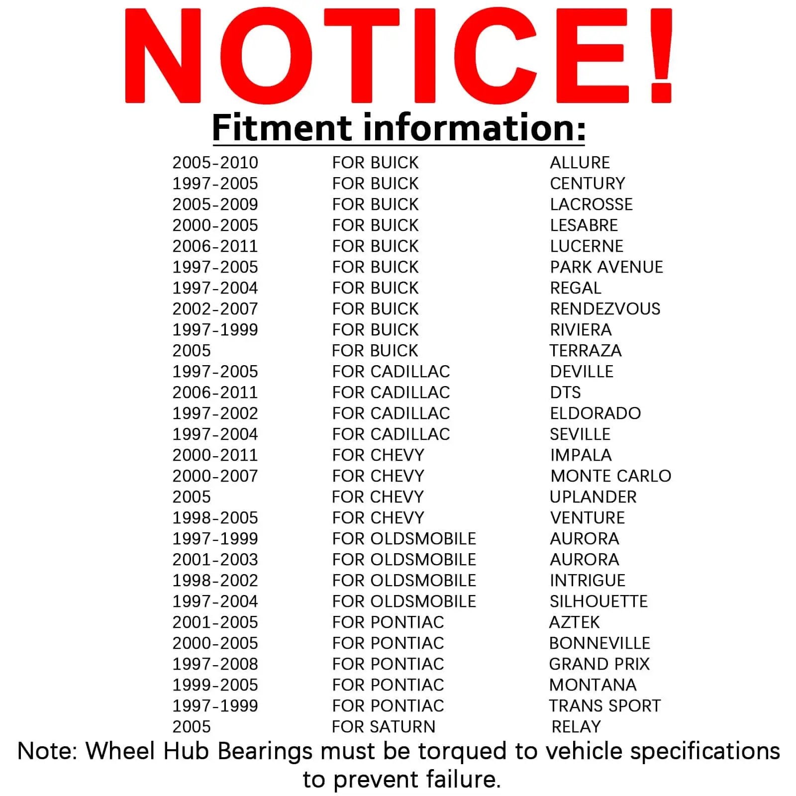 Fitment list for Single Front Wheel Hub Bearing Assembly 513121 Heavy Duty Sealed Hub for various GM models.