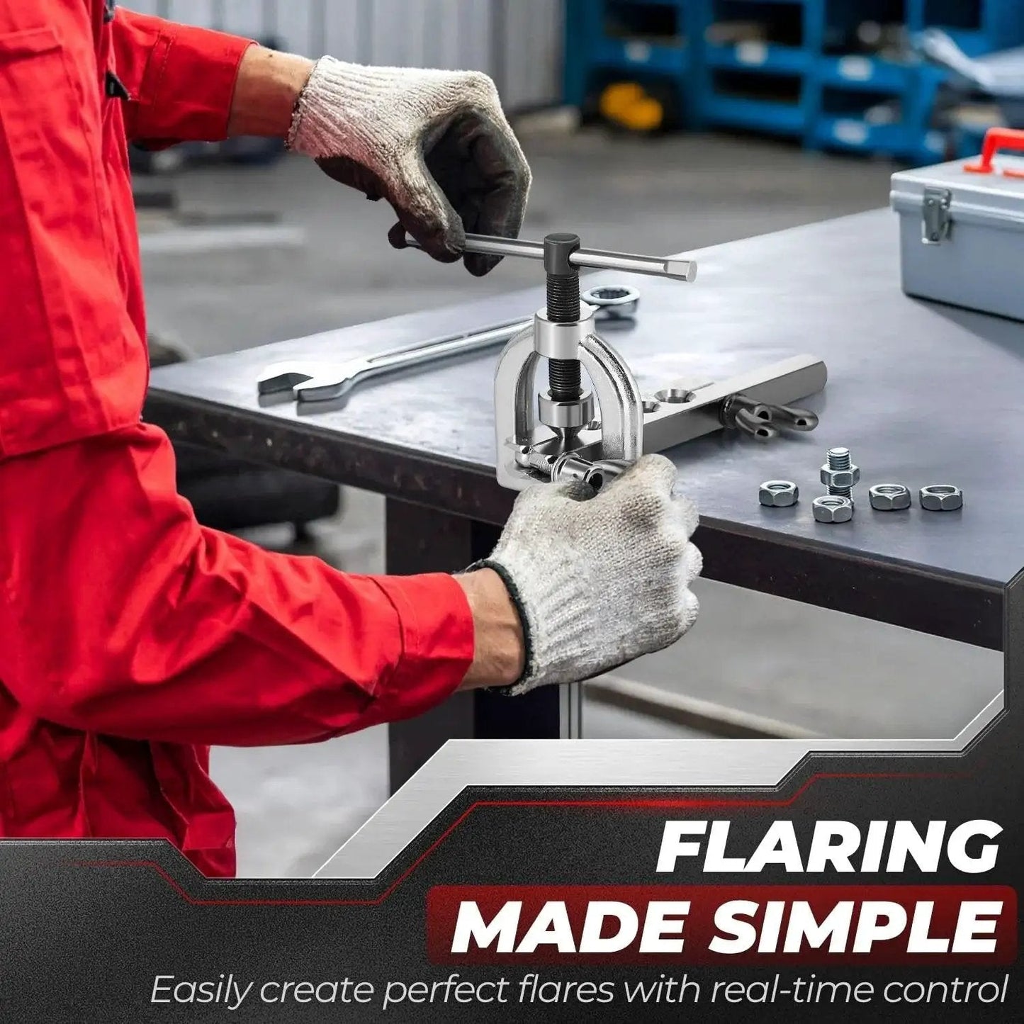 Technician using Brake Line Flare Tool Kit Cutter 45 Flare Single and Double 1/8 to 5/8 Tubing on workbench.