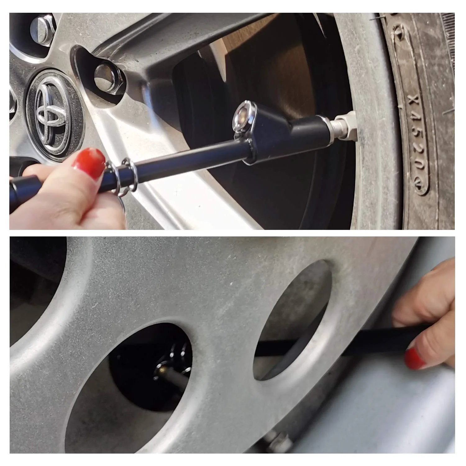 Dual Head Tire Pressure Gauge Pencil Style 10-150 PSI in use on car wheel, showing Zinc Alloy straight foot chuck and reverse chuck