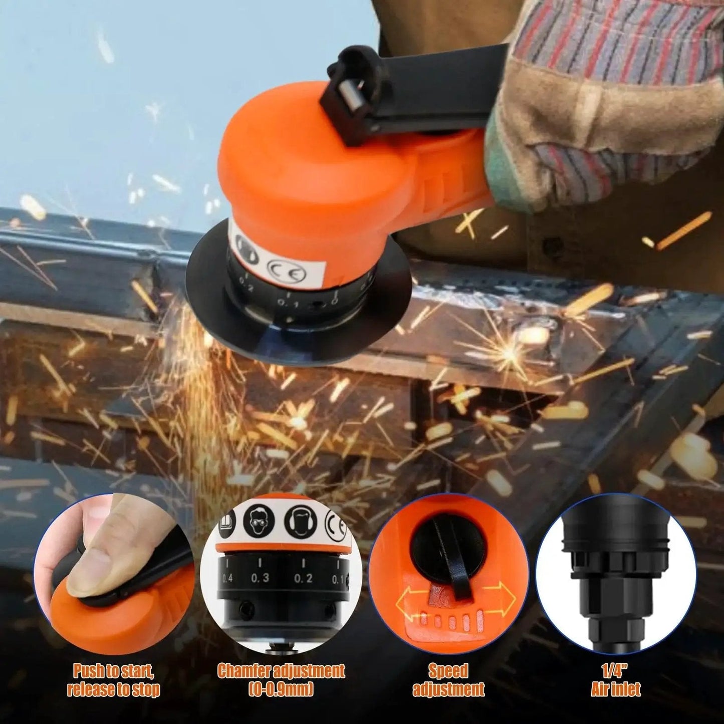Dope Mini Pneumatic Deburring Tool Handheld Chamfering Grinder for Metal and Wood Beveling in use, sparks flying, orange design