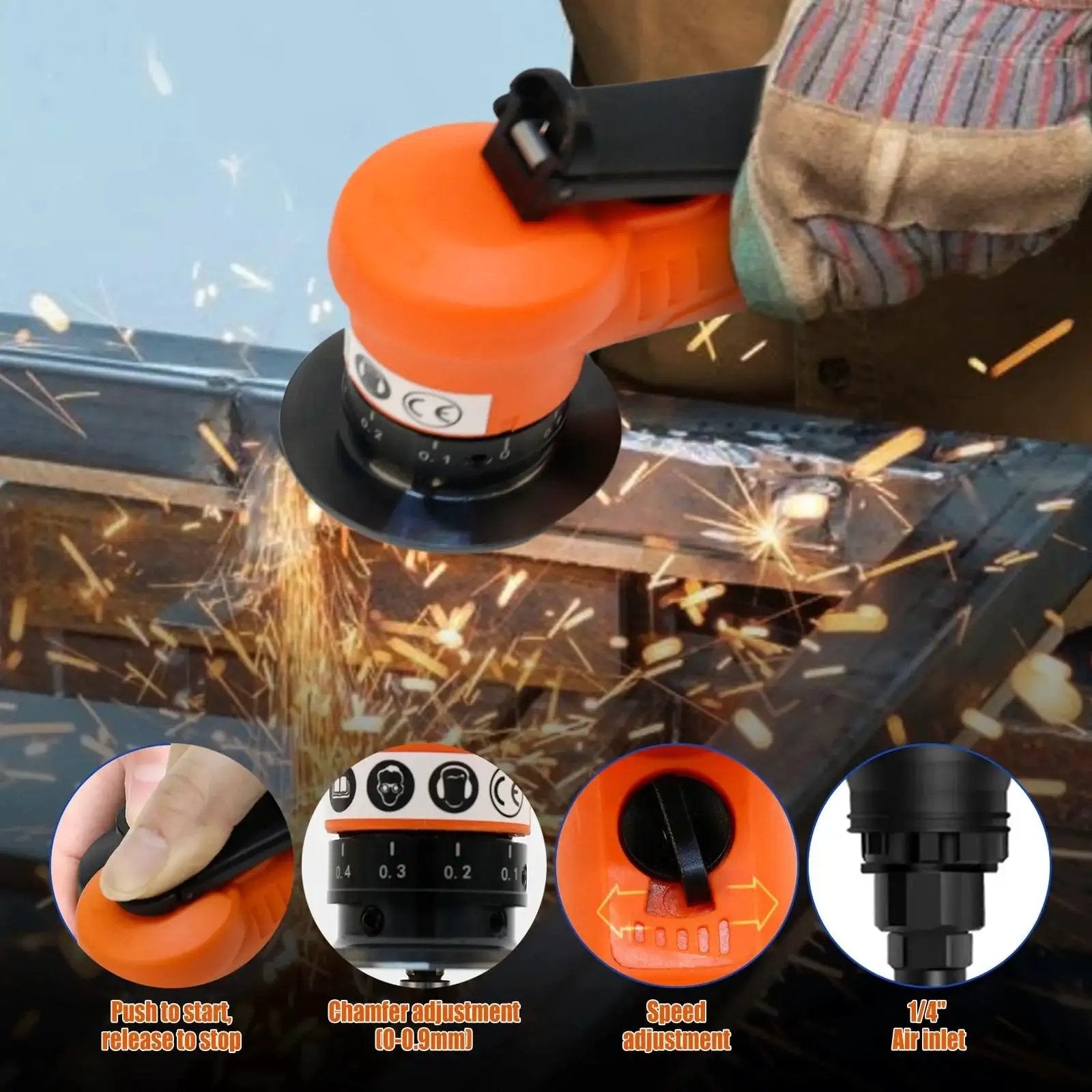 Dope Mini Pneumatic Deburring Tool Handheld Chamfering Grinder for Metal and Wood Beveling in use, sparks flying, orange design