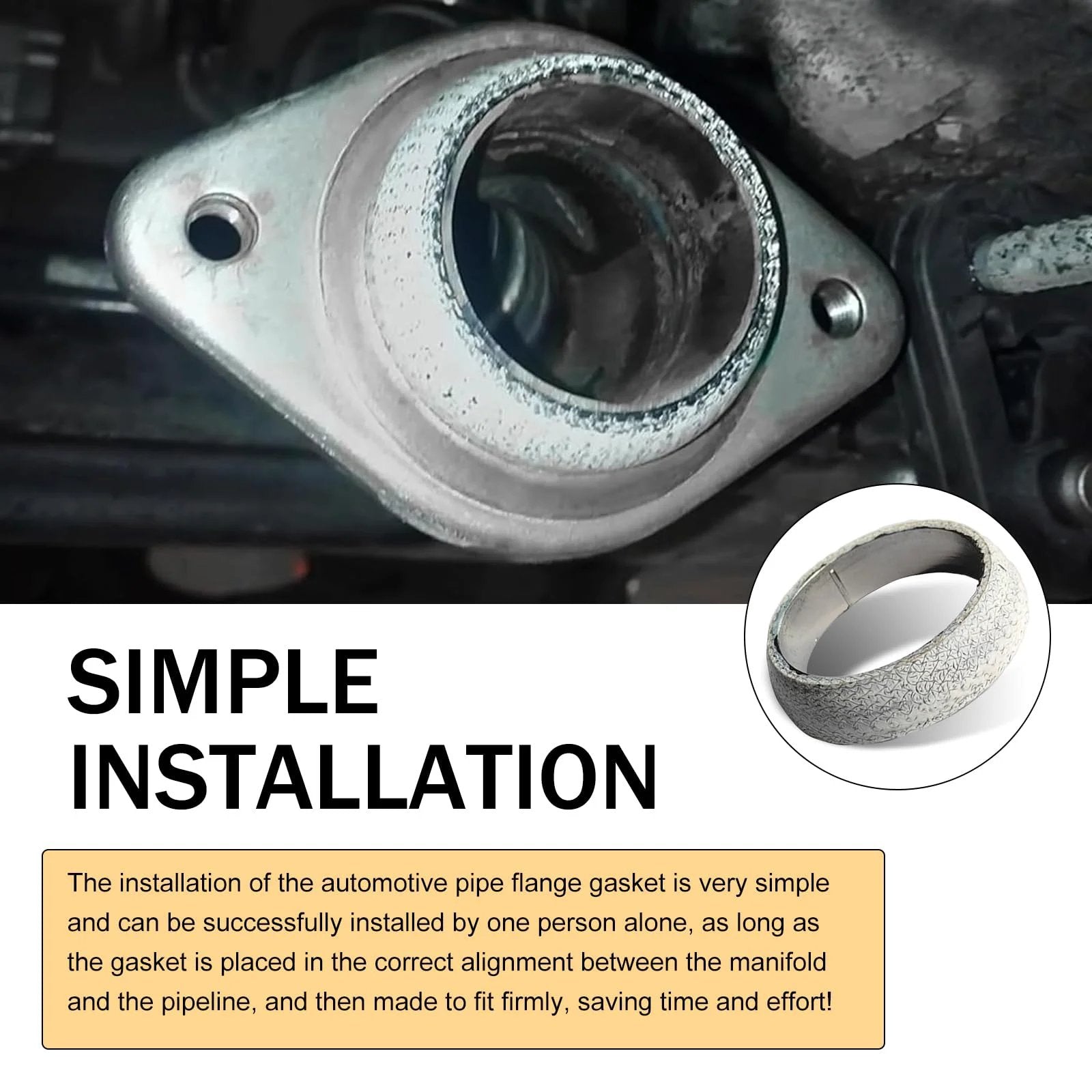 Universal 65mm Graphite Ceramic Exhaust Donut Gasket 2.5 Inch Inner Diameter 2 Pack Leakproof Seal Between Manifold And Pipe For Cars Trucks SUVs And RVs installed view with text 'Simple Installation' on image
