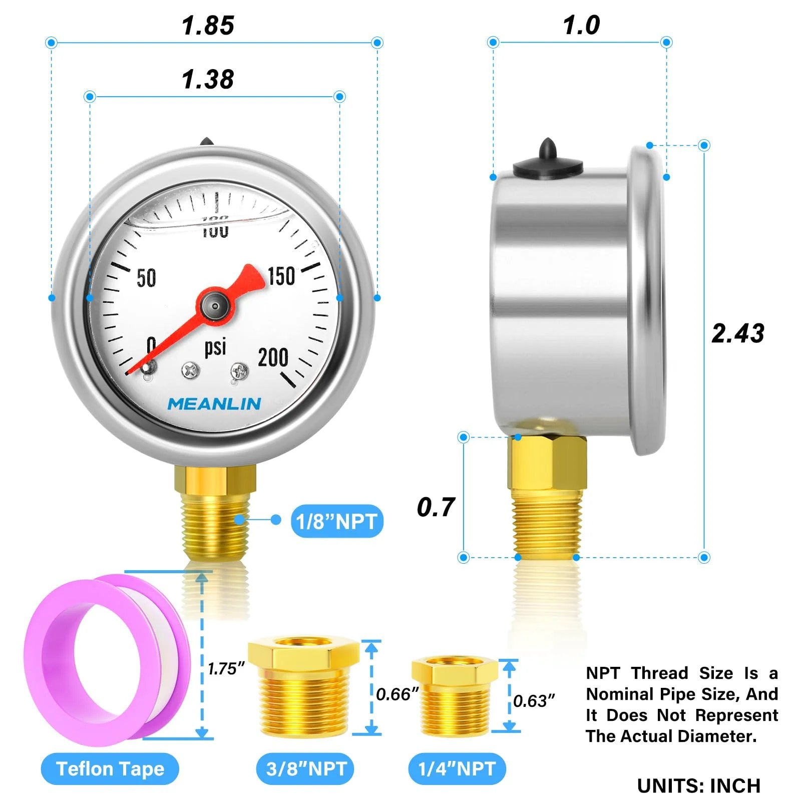 Stainless Steel Liquid Filled Pressure Gauge 0 To 200 Psi One Point Five Inch Dial One Eighth NPT Lower Mount Glycerin Filled For Water Oil Air Systems Includes One Quarter NPT And Three Eighth NPT Hex Bushings Built Tough For Rough Environments.