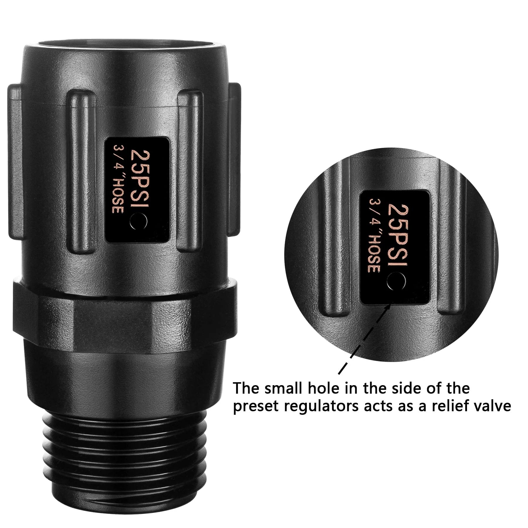 Close-up of 25 PSI garden hose pressure regulator showing 3/4 inch female and male hose threads.
