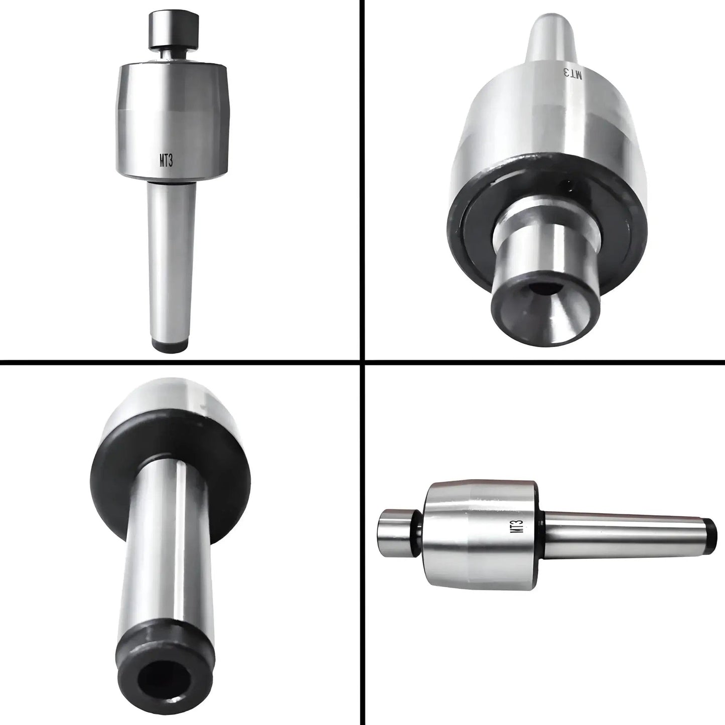 Four views of Mt3 Medium Duty Live Center Set 3MT Morse Taper Revolving Center With High Carbon Steel Construction for lathe machines.