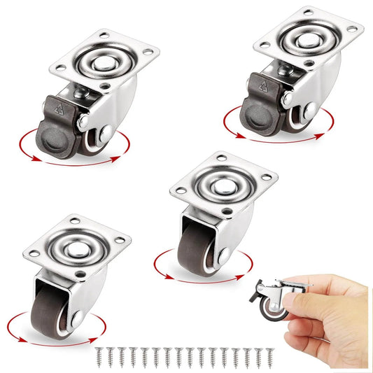 Small Caster Wheels 1" - Low Profile Swivel Casters Set of 4, Quiet Rolling Rubber Plate Wheels for Small Furniture, 2 with Brakes & 2 Without displayed from different angles.