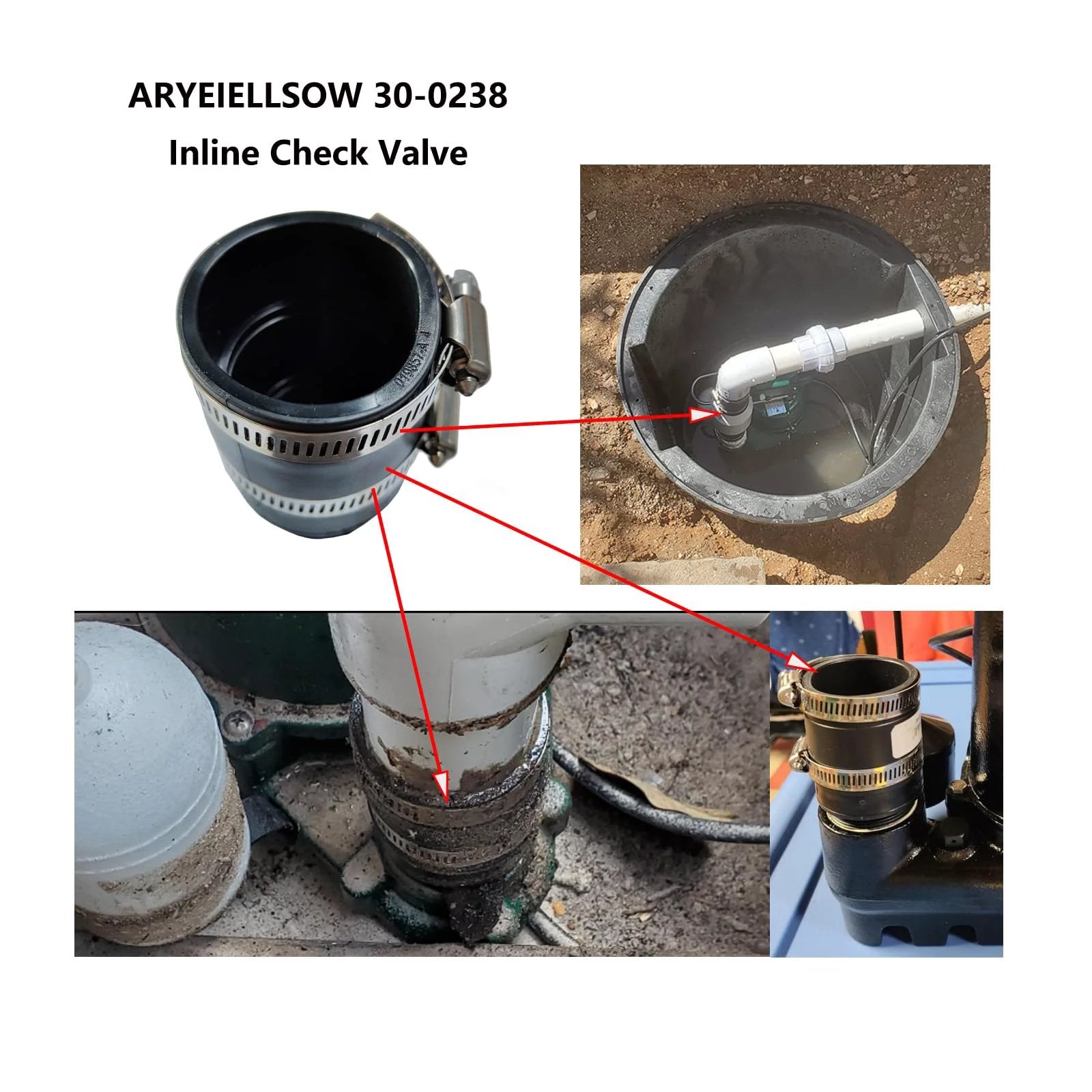 1-1/2 Inch Inline Check Valve With Stainless Steel Clamps Model 30-0238 Black Garden Hose Pump Discharge Fitting Vertical Install Only Pre drilled Weep Hole Durable Inline Valve For Backyard Water Transfer shown in various views