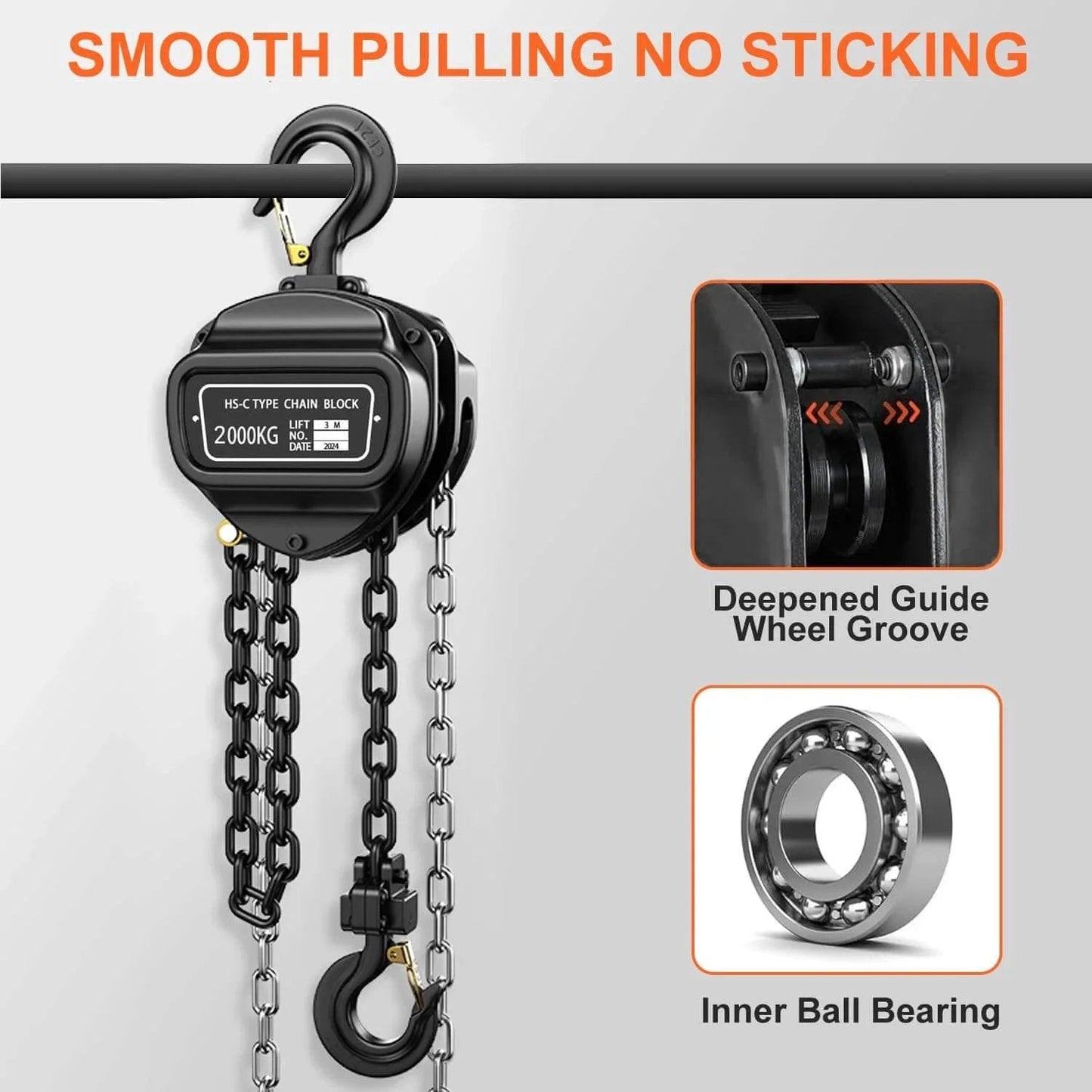 2 Ton Manual Chain Hoist With 10 Ft Lift Height And 4400 Lbs Capacity, G80 Galvanized Carbon Steel Chain, details of guide wheel and bearing