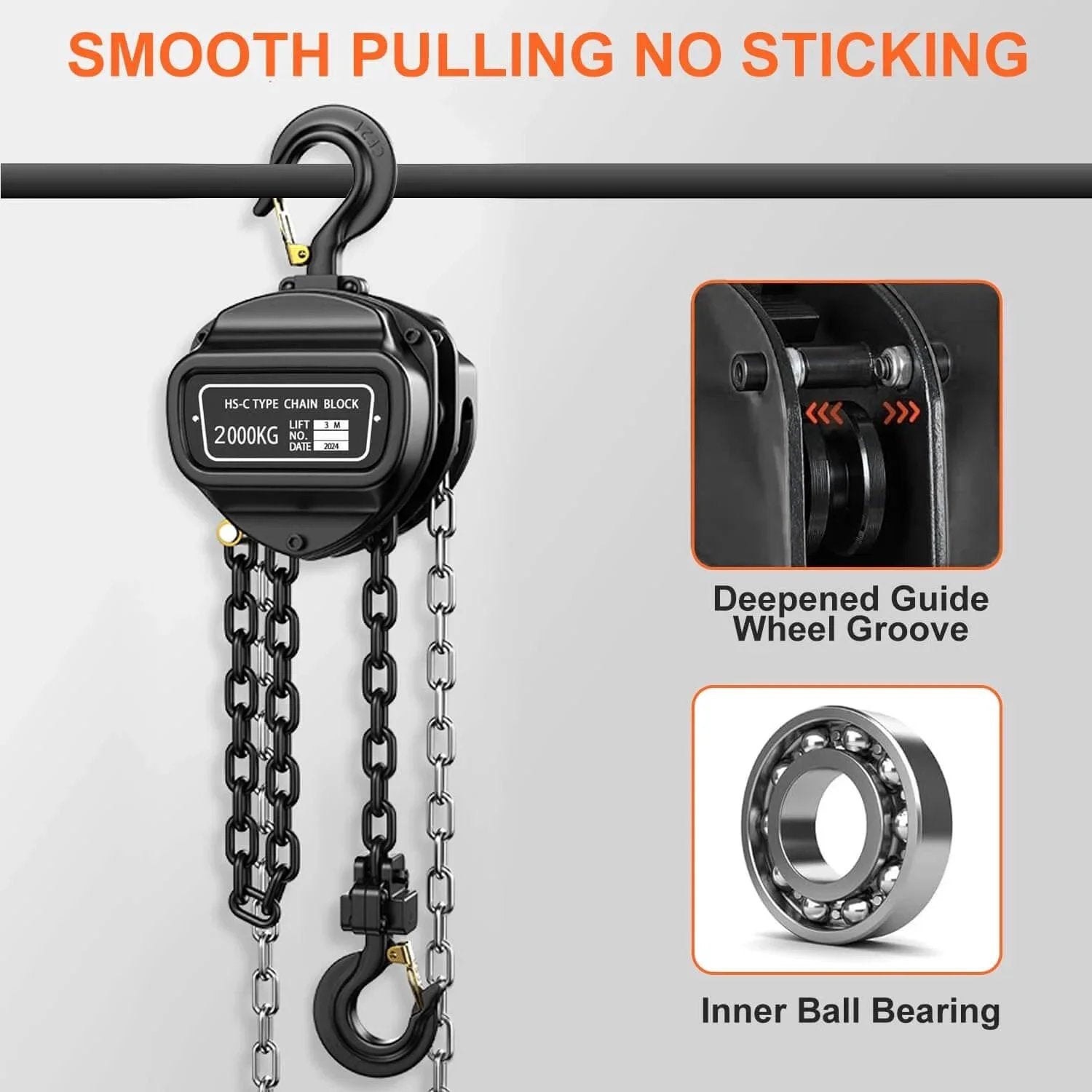 2 Ton Manual Chain Hoist With 10 Ft Lift Height And 4400 Lbs Capacity, G80 Galvanized Carbon Steel Chain, details of guide wheel and bearing