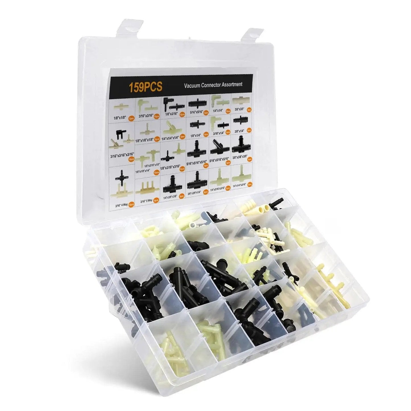 Automotive Vacuum Tubing Connector Kit with Nylon Fittings 159 piece assortment box with various connectors displayed