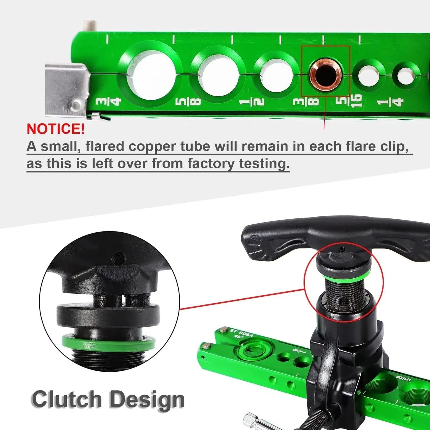 HVAC Single Flare Tool 1/4 To 3/4 In With 45 Degree Eccentric Cone Clutch showing clutch design and tubing slots