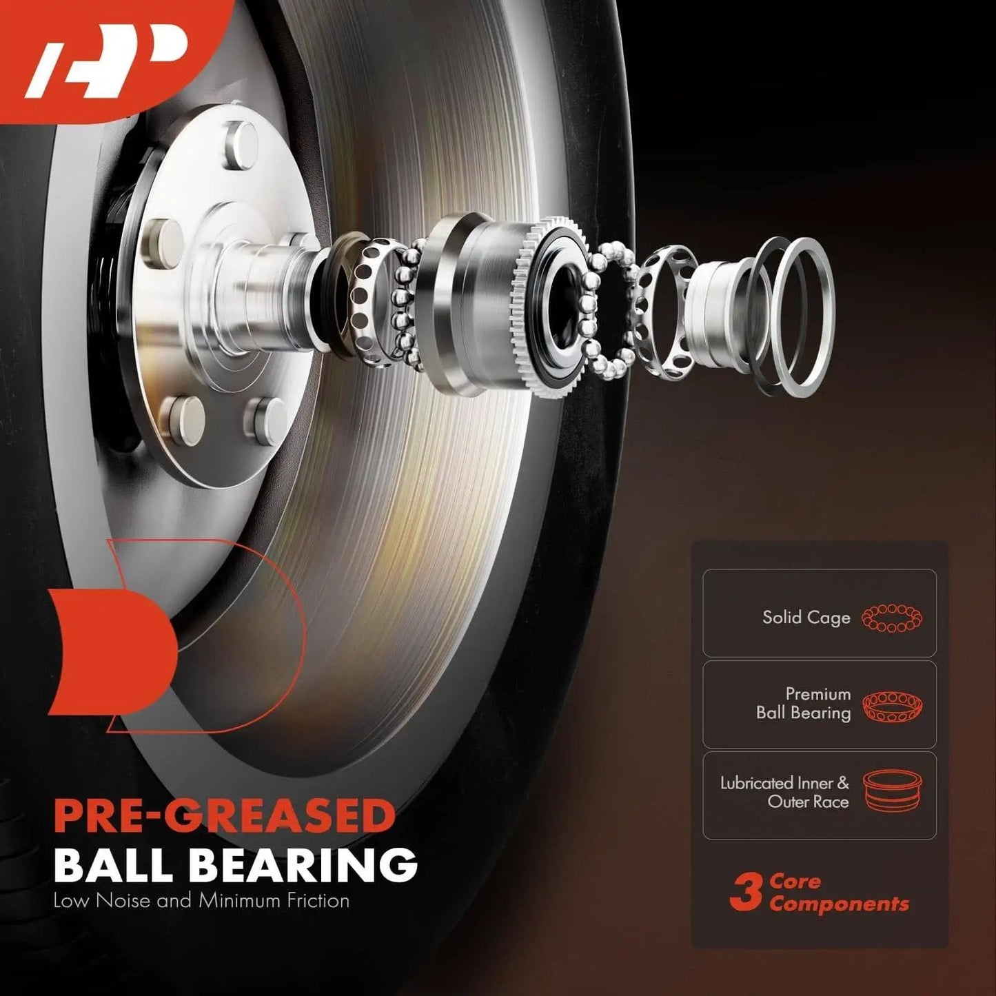 Exploded view of pre-greased ball bearing for Front Left & Right Hub Assembly Pair with ABS Sensor and 5-Lug Wheel Bearings.