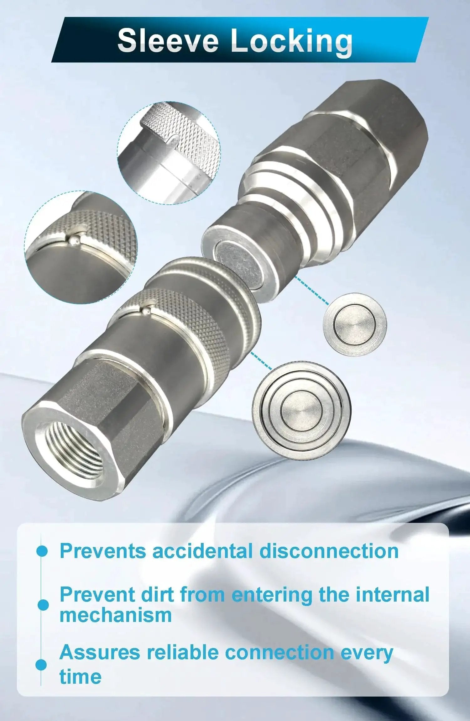 Flat Face Hydraulic Quick Connect Couplers Set With Dust Caps One Half Inch NPT ISO 16028 Standard, sleeve locking mechanism detail