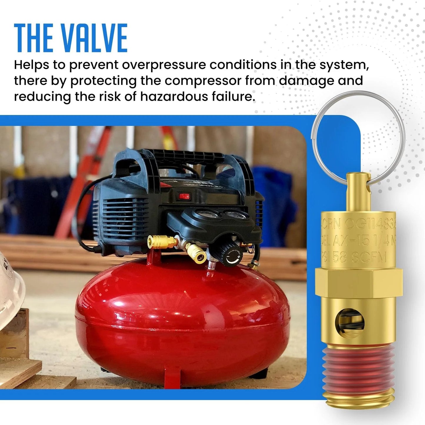 Brass Safety Valve For Air Compressors 175 PSI Pressure Relief One Quarter Inch NPT Male Threads Two Pack Tank Pop Off Valves Automatic Overpressure Vent For Safe Reliable Compressor Operation next to red air compressor.