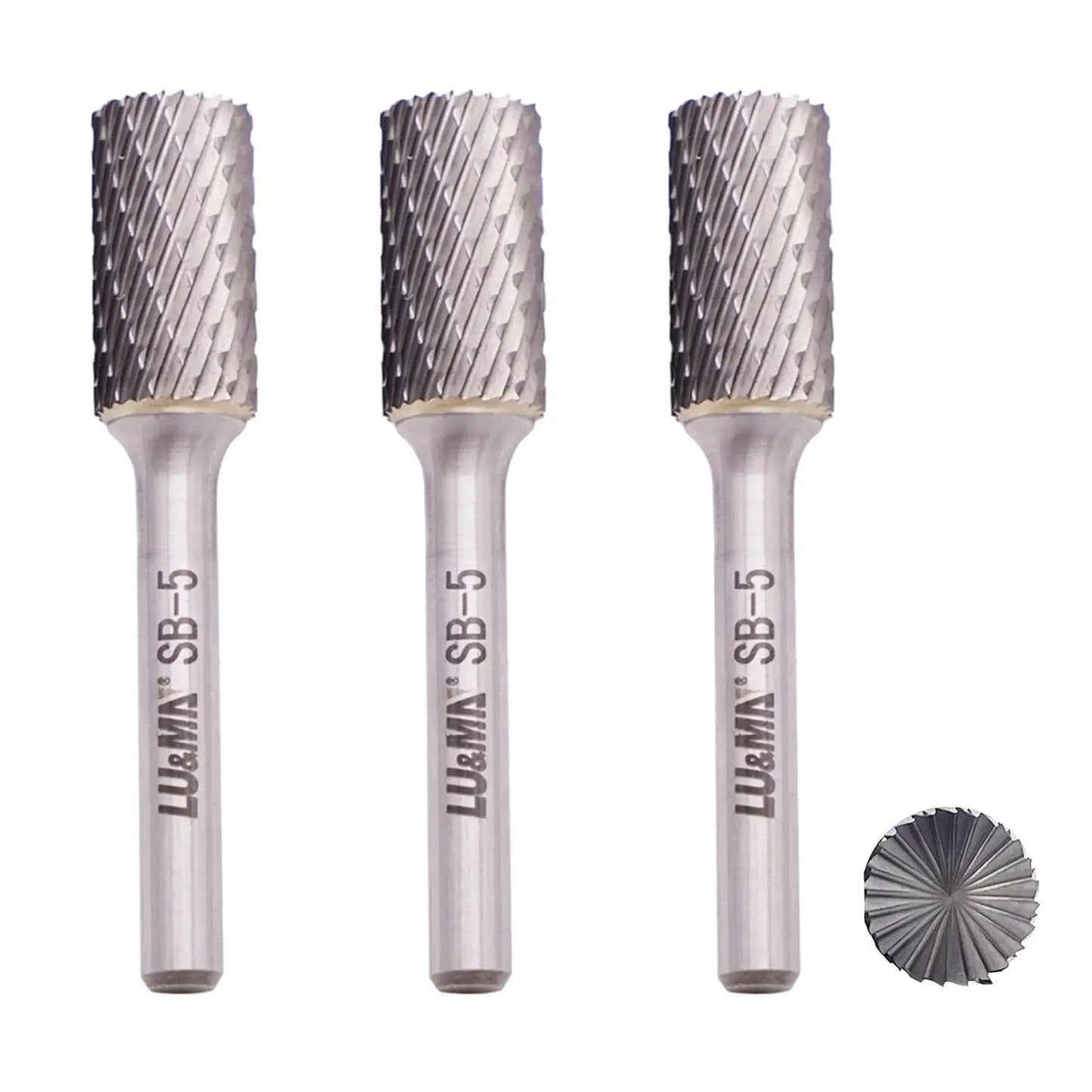 Double Cut Cylinder Tungsten Carbide Burr Set for Metalworking and DIY Fabrication One Half Inch Cutter Diameter, One Inch Cut Length, One Quarter Inch Shank, Three Piece Rotary Burrs Great for Weld Cleanup and Body Shop Projects front view