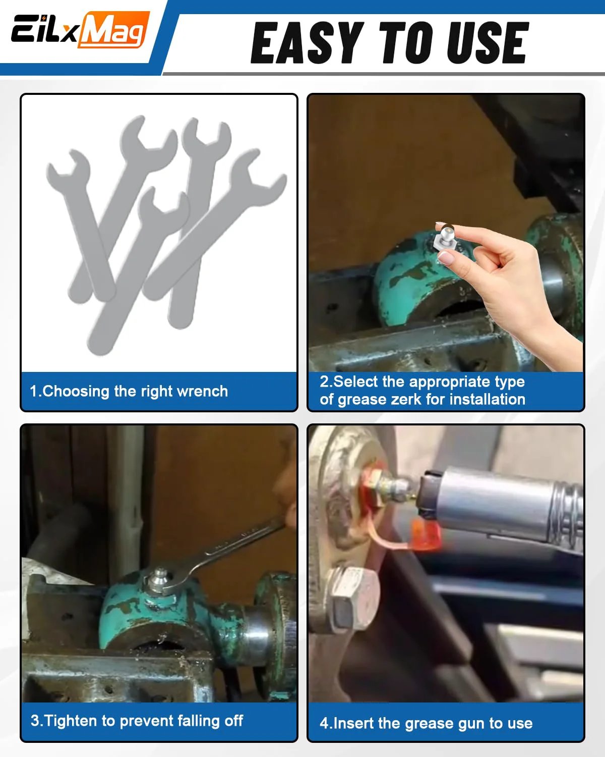 Instructional guide for using Grease Fittings Assortment Kit 435 Pcs SAE and Metric Zerk Fittings, showing wrench and installation steps.