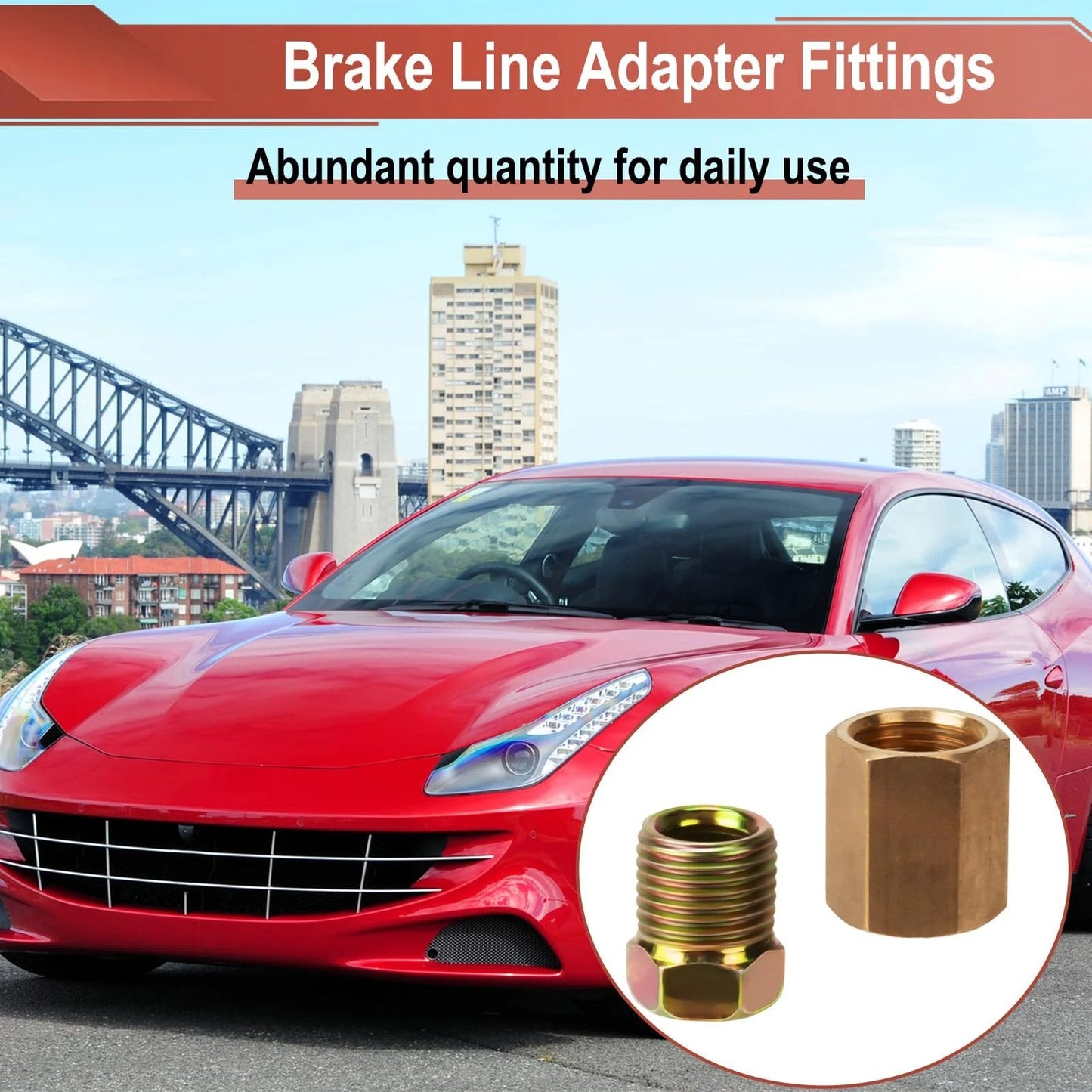Red car with an inset image of brass brake line adapter fittings, showcasing detailed view of components for automotive use.