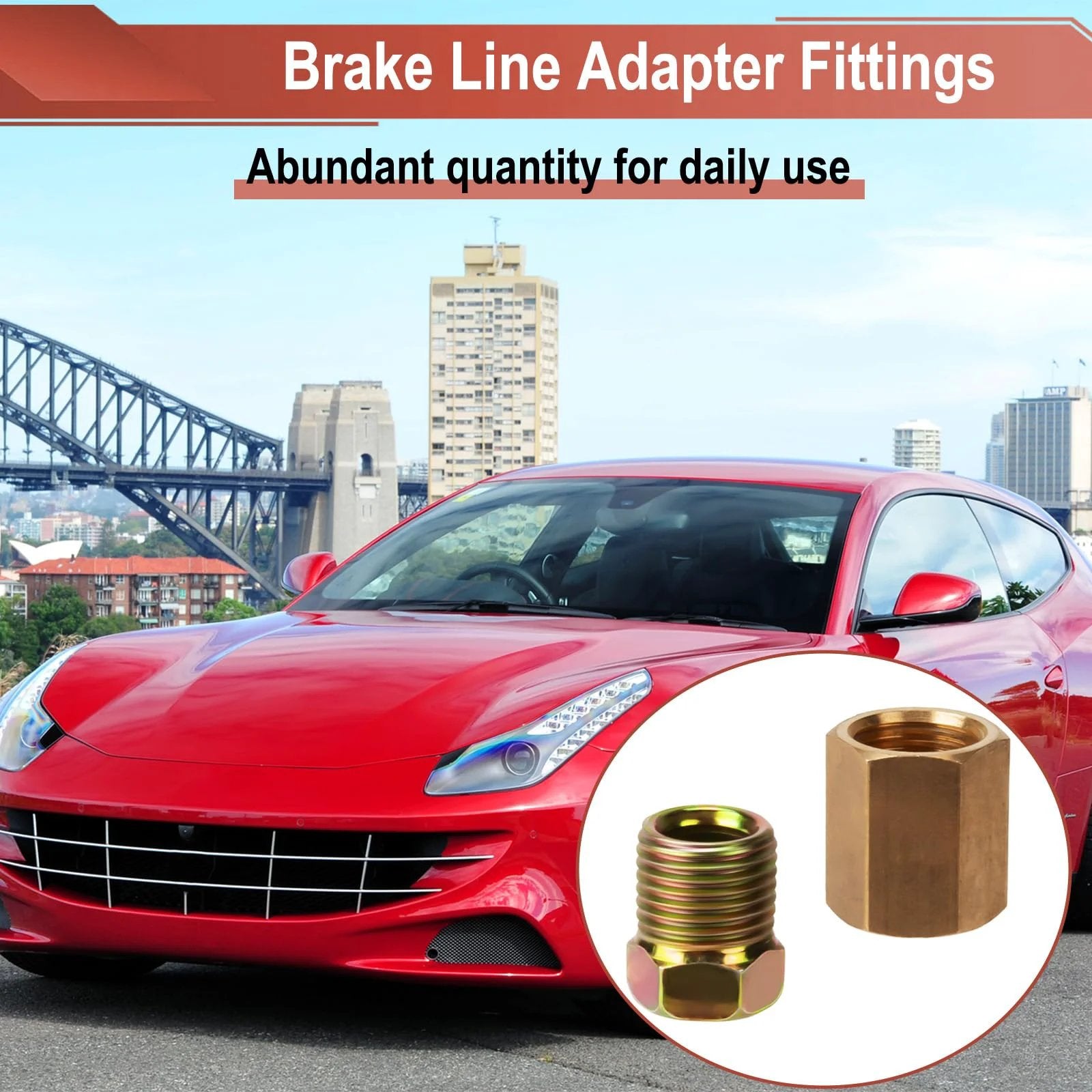 Red car with an inset image of brass brake line adapter fittings, showcasing detailed view of components for automotive use.