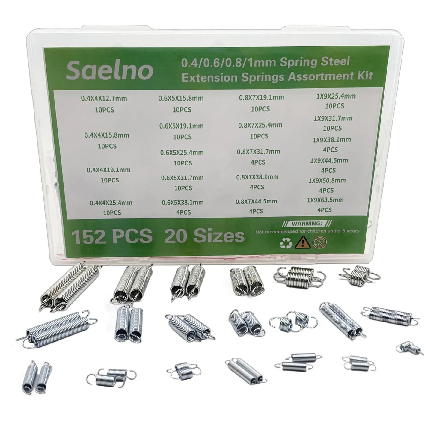 152 Piece Extension Springs Set With 20 Sizes In 0.4mm, 0.6mm, 0.8mm, And 1.0mm, Zinc Plated Spring Steel Assortment Kit For Home Repair, Woodworking And DIY Projects
