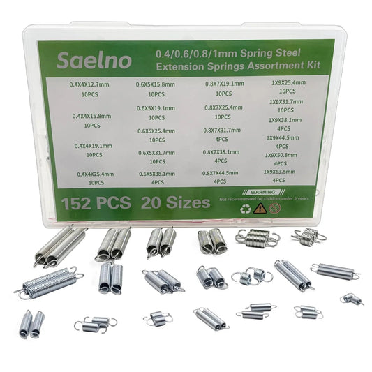152 Piece Extension Springs Set With 20 Sizes In 0.4mm, 0.6mm, 0.8mm, And 1.0mm, Zinc Plated Spring Steel Assortment Kit For Home Repair, Woodworking And DIY Projects