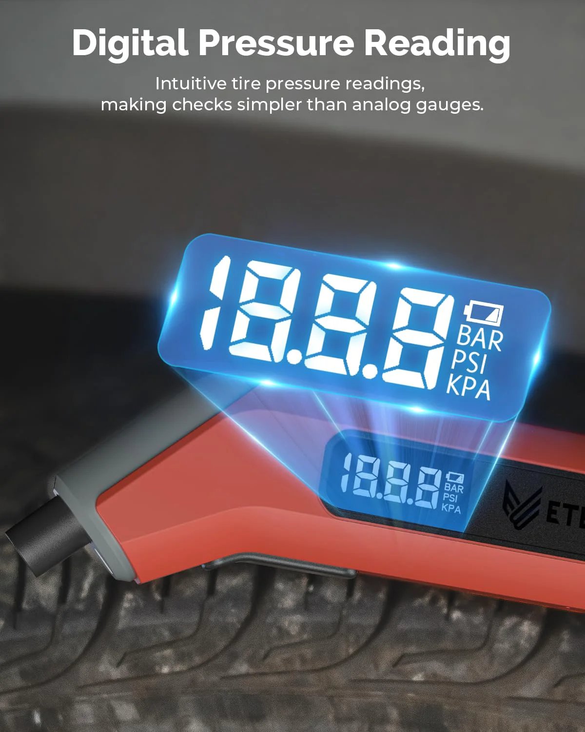Digital Tire Pressure Gauge 2 Pack for Cars and Trucks with 3 To 200 PSI Range, Industrial Quality Calibrated, vivid orange display