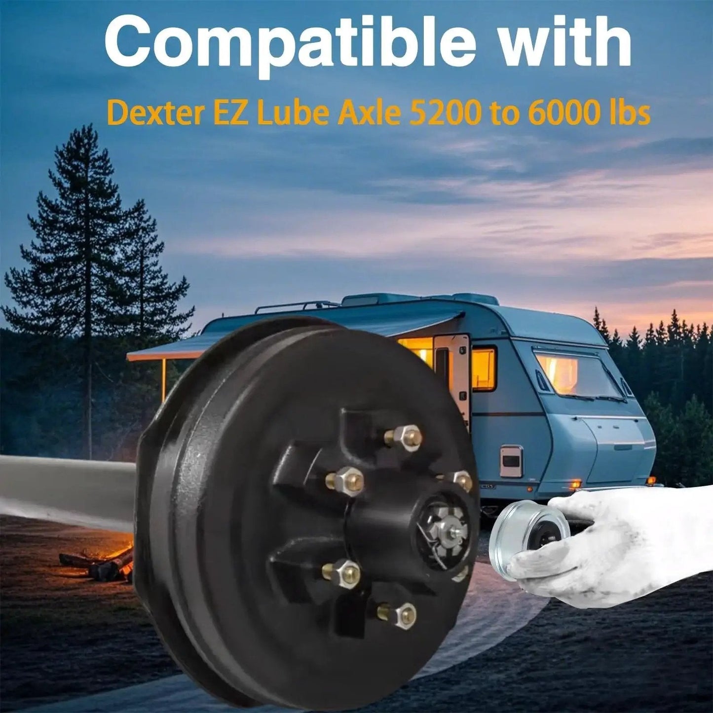 Beefy Heavy Duty Trailer Wheel Hub Cup Set 4 Pack with Axle Grease Covers installed on Dexter EZ Lube 5200 to 6000 lbs axles.
