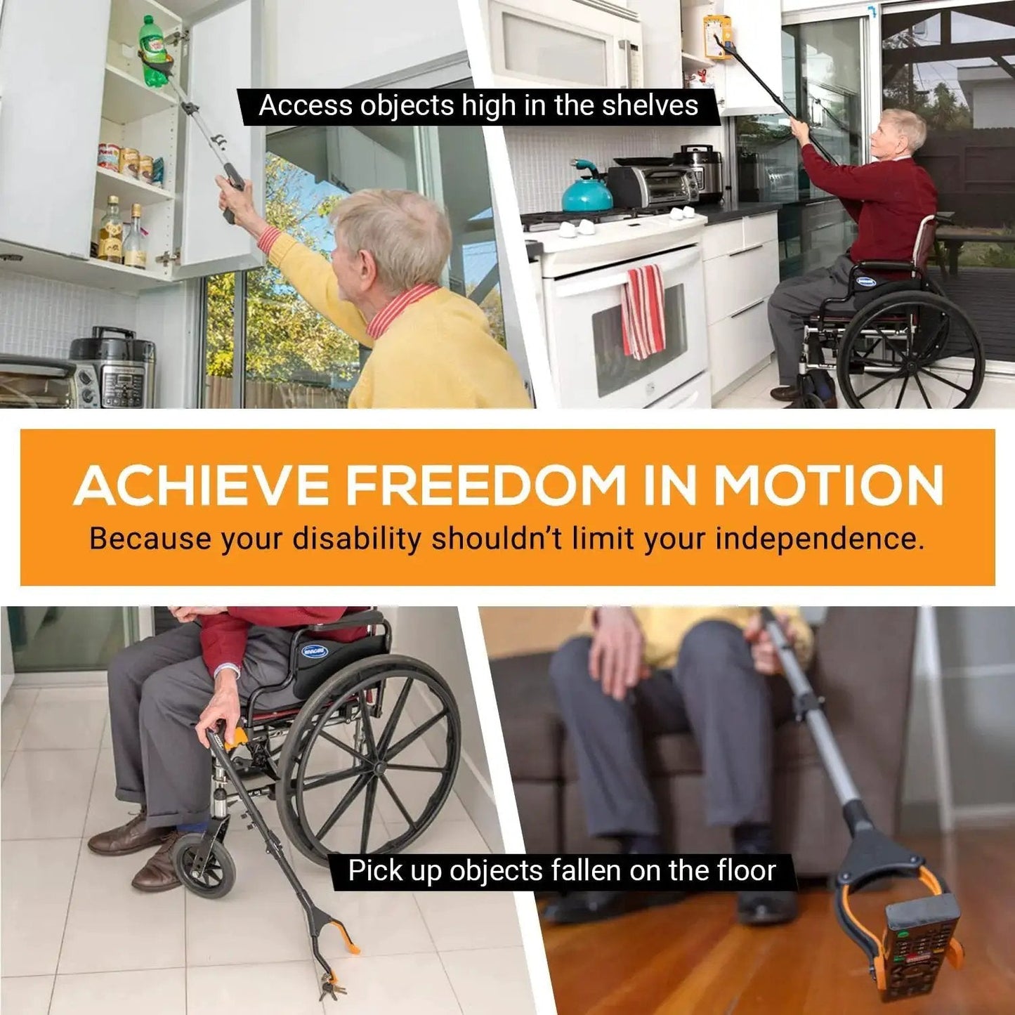 Foldable 43 Inch Grabber Reacher Tool For Seniors And Elderly With Magnetic Tip And Heavy Duty Claw Grabber Pickup in use by wheelchair user.