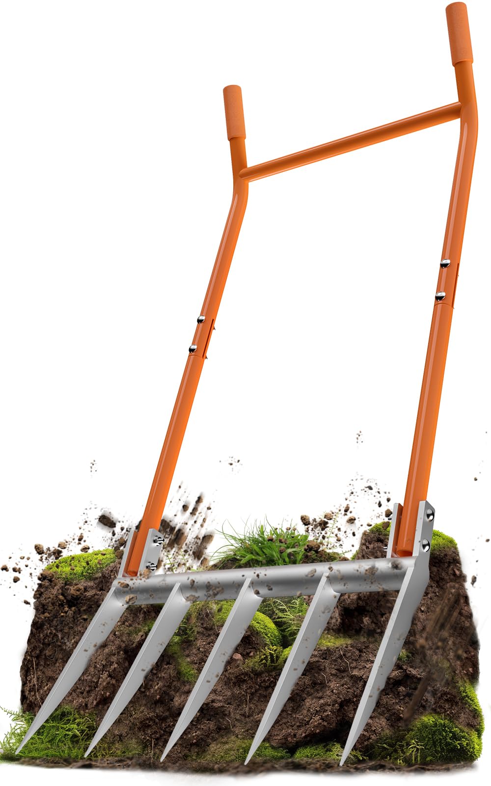 Heavy Duty 5-Tine Broad Fork for Gardening With Ergonomic U Shaped Handle All Steel Construction Rust Resistant Built to Dig Deep Aerate Soil Cultivate Garden Beds Farms and Tough Soil in action on soil